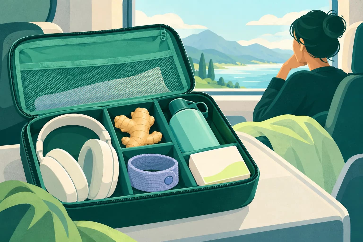 Open travel kit with headphones, ginger, wristband, water and an unbranded medicine box kept separate.