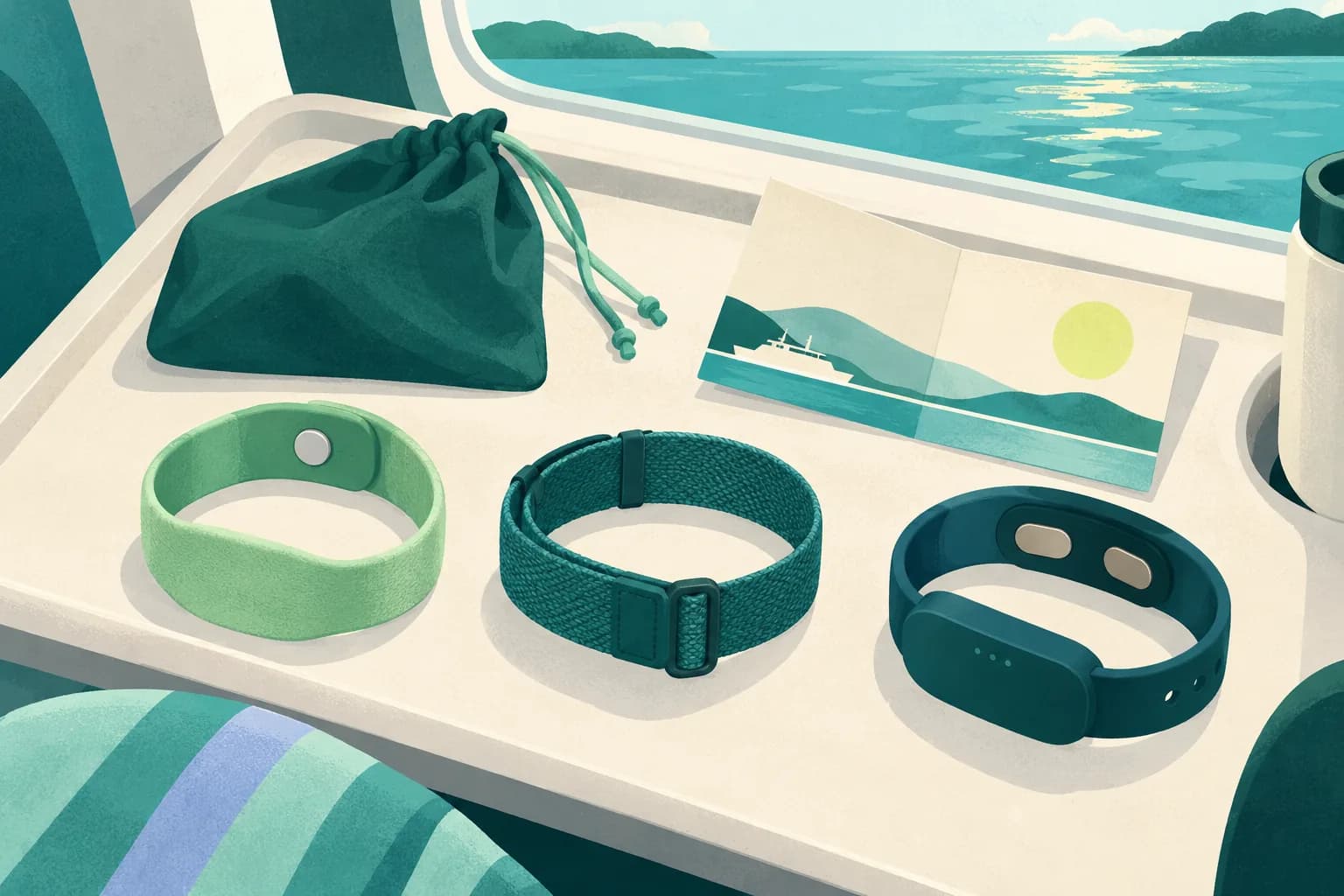 Three generic wristband styles arranged on a travel tray: elastic pressure band, adjustable band and electronic band.