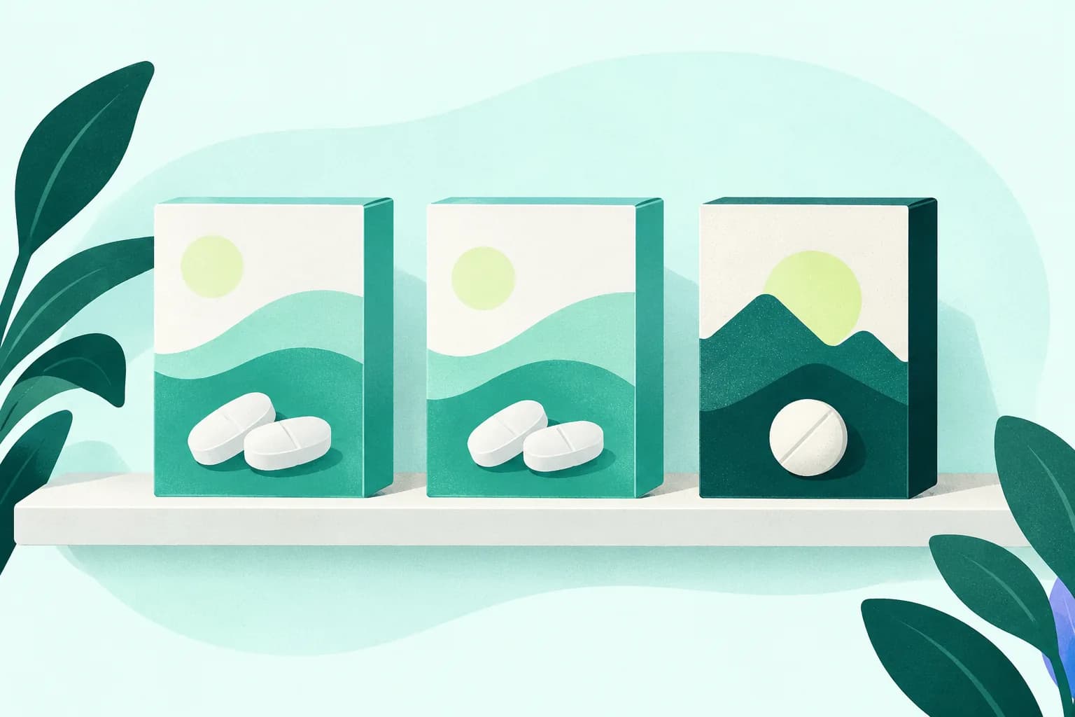 Three unbranded travel medicine boxes grouped by two matching tablet shapes and one different shape.