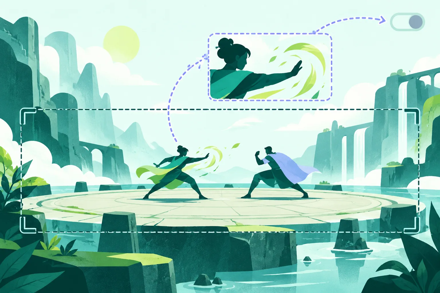 Original turn-based game scene with one stable wide camera frame and one sweeping cinematic camera path.
