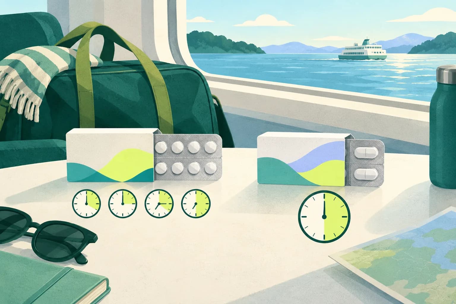 Flat editorial still life of two unbranded travel tablet packs beside different clock shapes and a packed overnight bag.