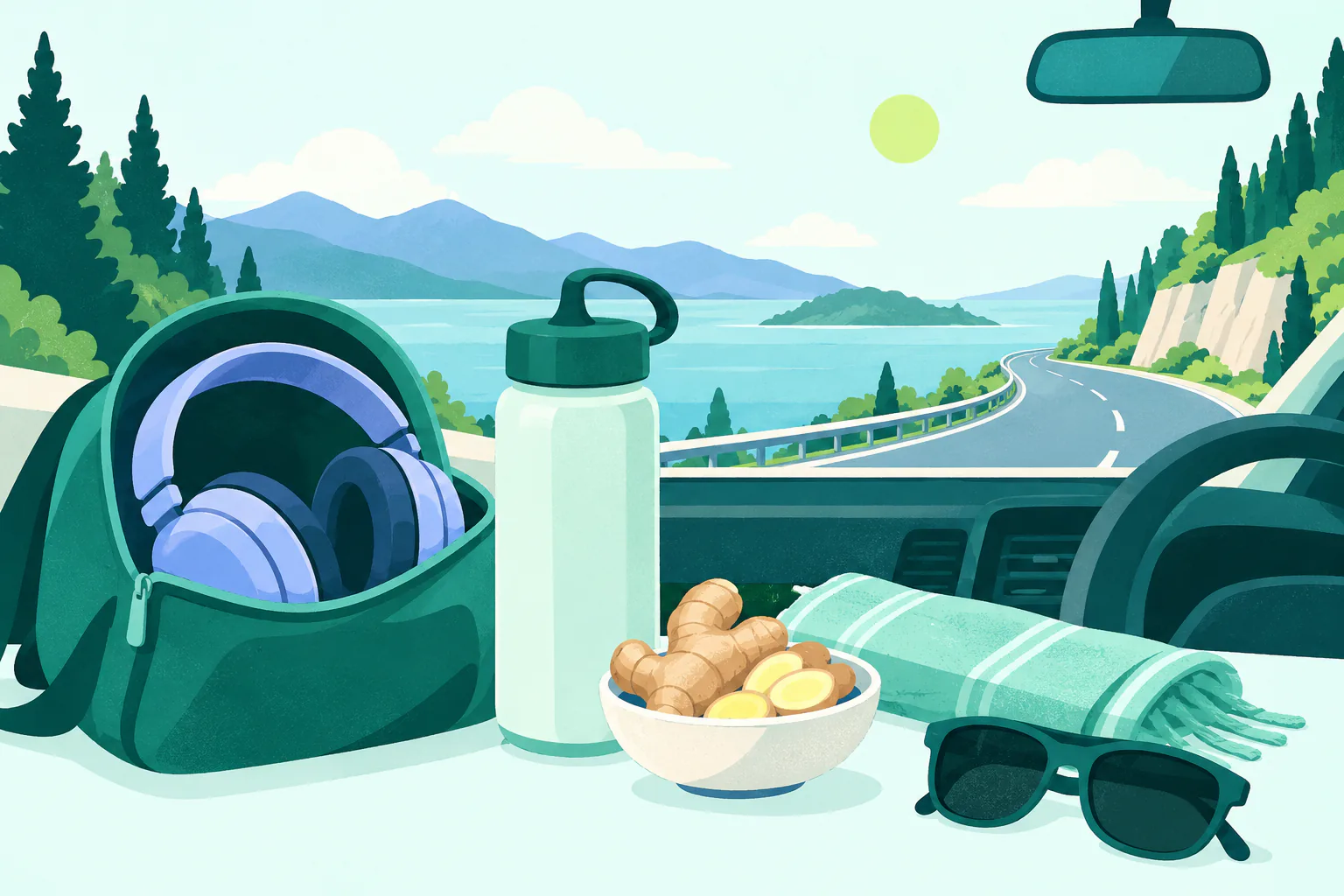 Flat editorial illustration for Best Non-Drowsy Motion Sickness Remedy for Drivers and Travelers, of unbranded travel options arranged neutrally without a winner or outcome claim.