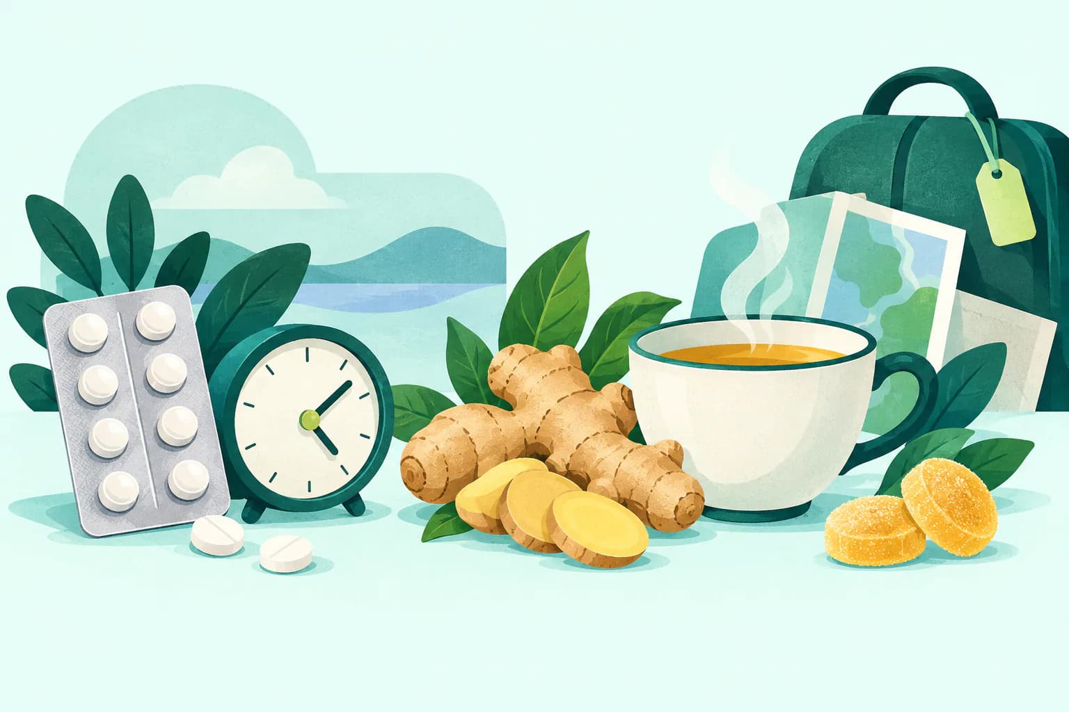Flat editorial illustration for Dramamine vs Ginger: Does the Natural Option Work?, of unbranded travel options arranged neutrally without a winner or outcome claim.