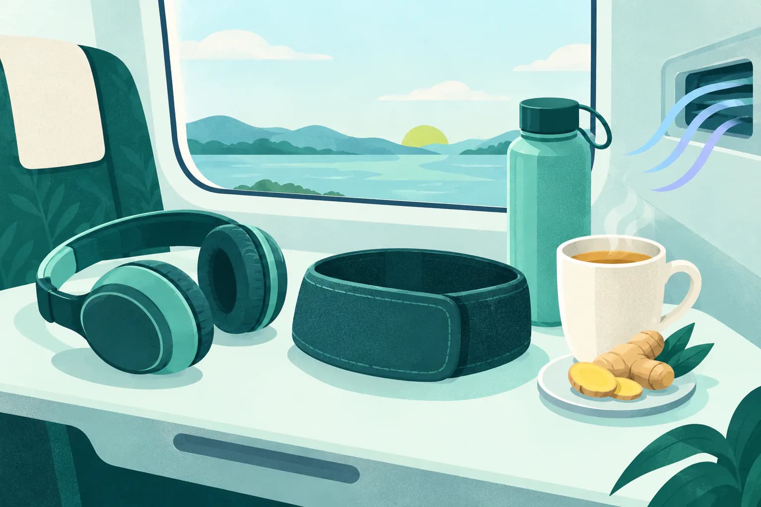 Flat editorial illustration for Drug-Free Motion Sickness Remedies: A Side-by-Side Look, of unbranded travel options arranged neutrally without a winner or outcome claim.