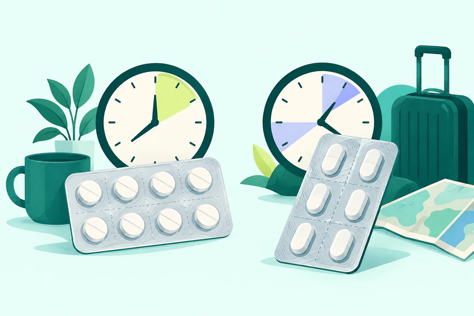 Flat editorial illustration for Meclizine vs Dimenhydrinate: Antihistamine Comparison, of unbranded travel options arranged neutrally without a winner or outcome claim.