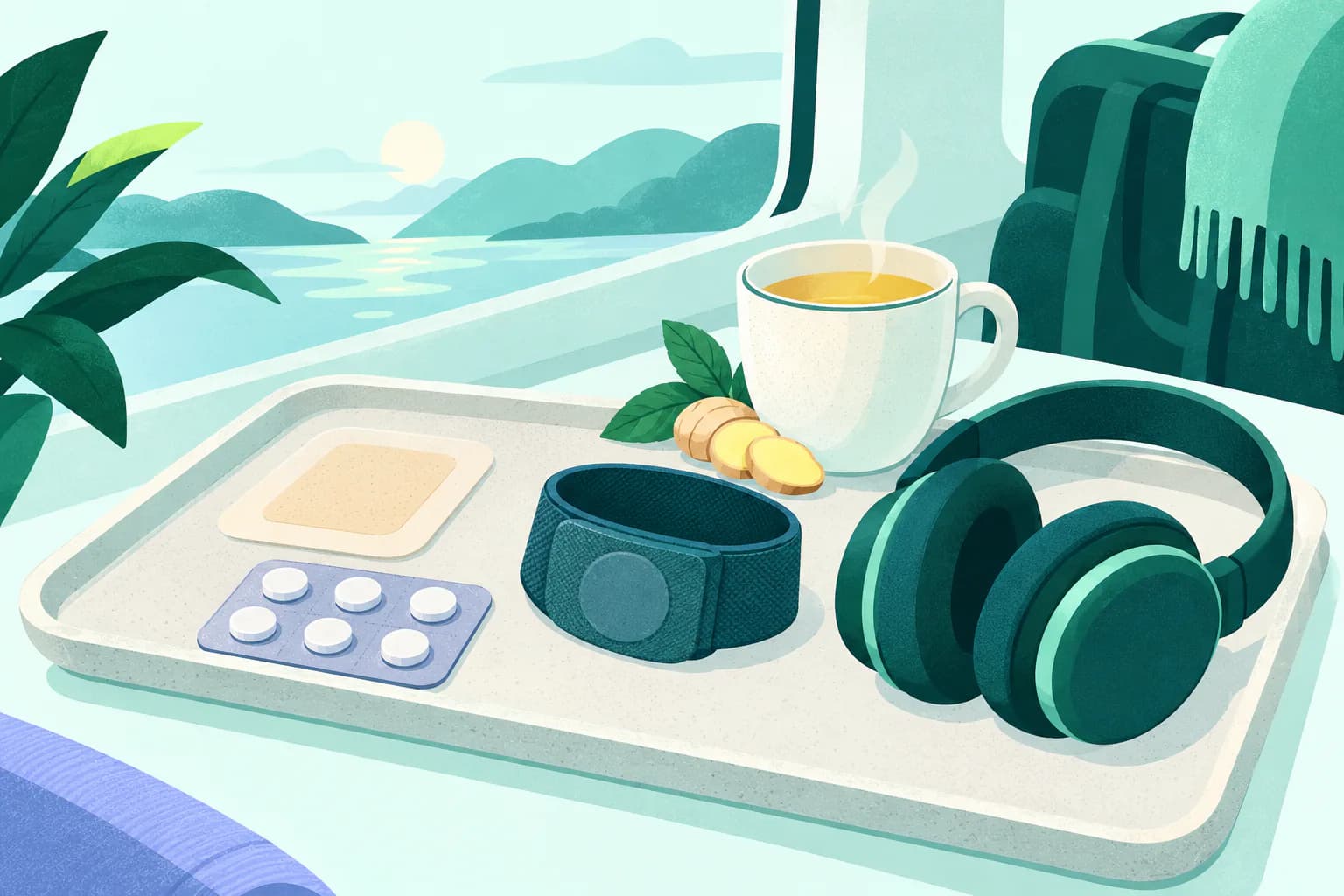 Flat editorial illustration for Scopolamine Patch Alternatives: OTC and Drug-Free Options, of unbranded travel options arranged neutrally without a winner or outcome claim.