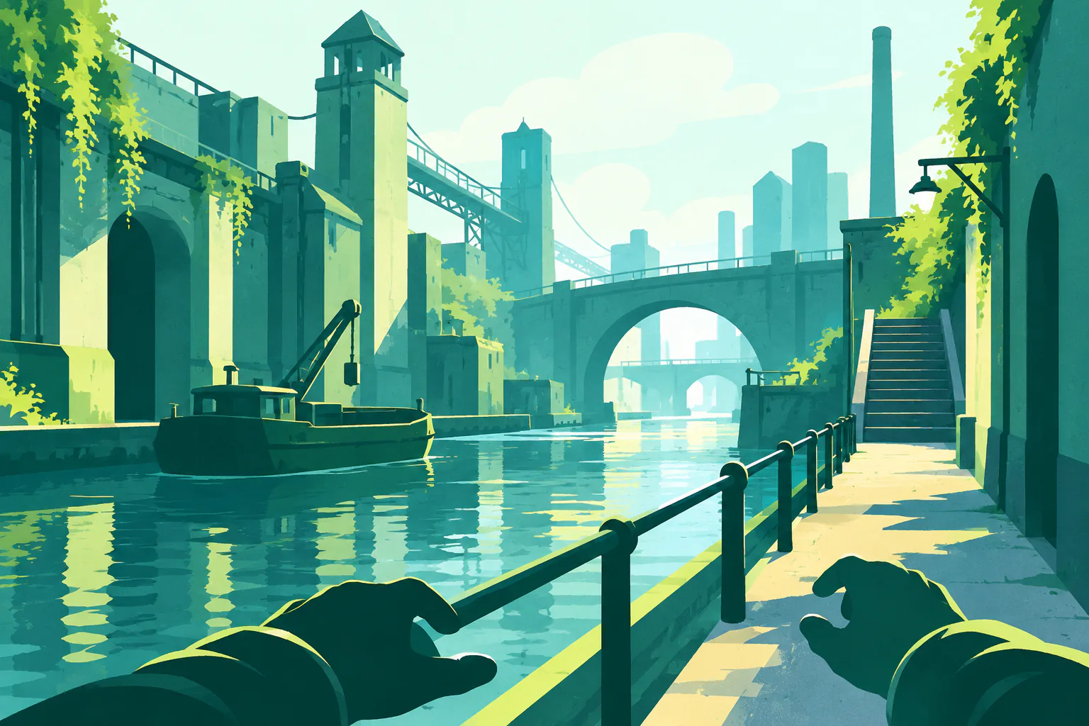 Flat editorial illustration for Half-Life 2, of an original game scene using camera frames and a stable visual reference.