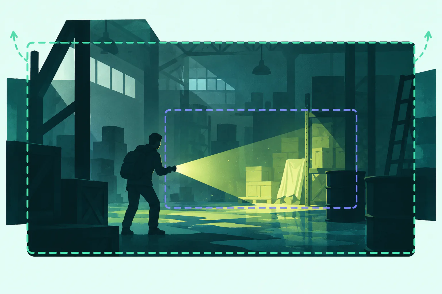 Flat editorial illustration for Lethal Company, of an original game scene using camera frames and a stable visual reference.