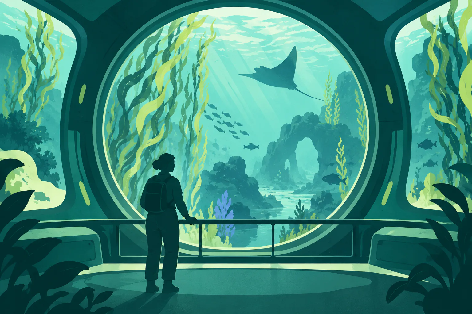 Flat editorial illustration for Subnautica (and Subnautica 2), of an original game scene using camera frames and a stable visual reference.