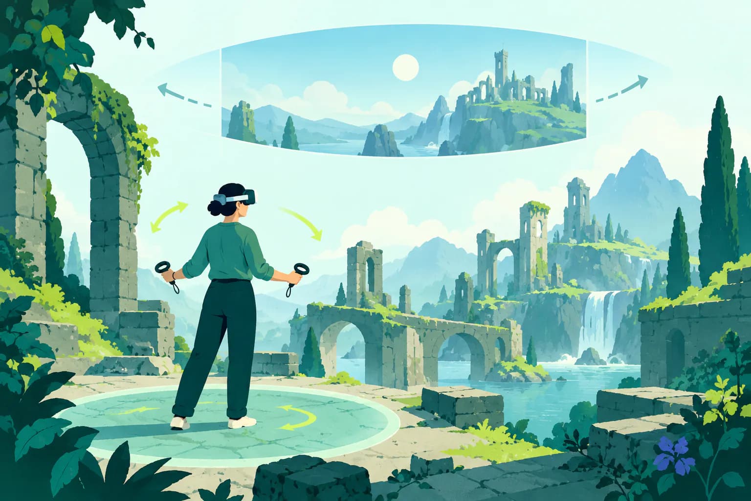 Flat editorial illustration for Fallout 4 VR, of a generic VR comfort scene with a safe boundary and restrained motion cues.