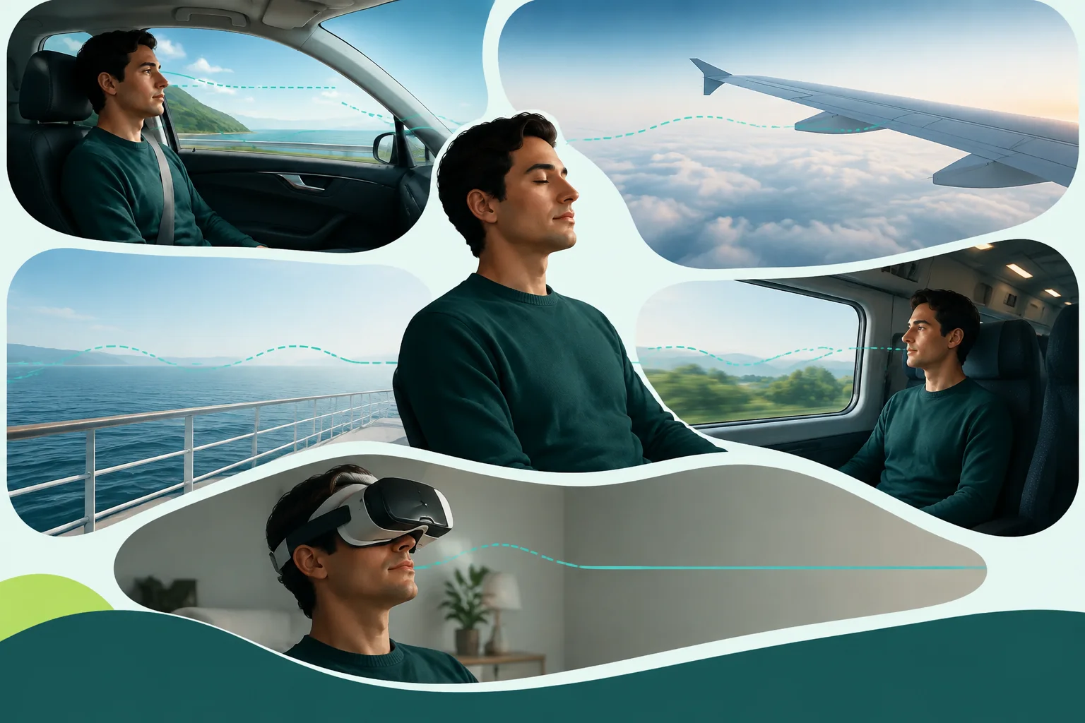 Traveler surrounded by connected car, plane, ship, train and VR scenes that represent common motion sickness settings.