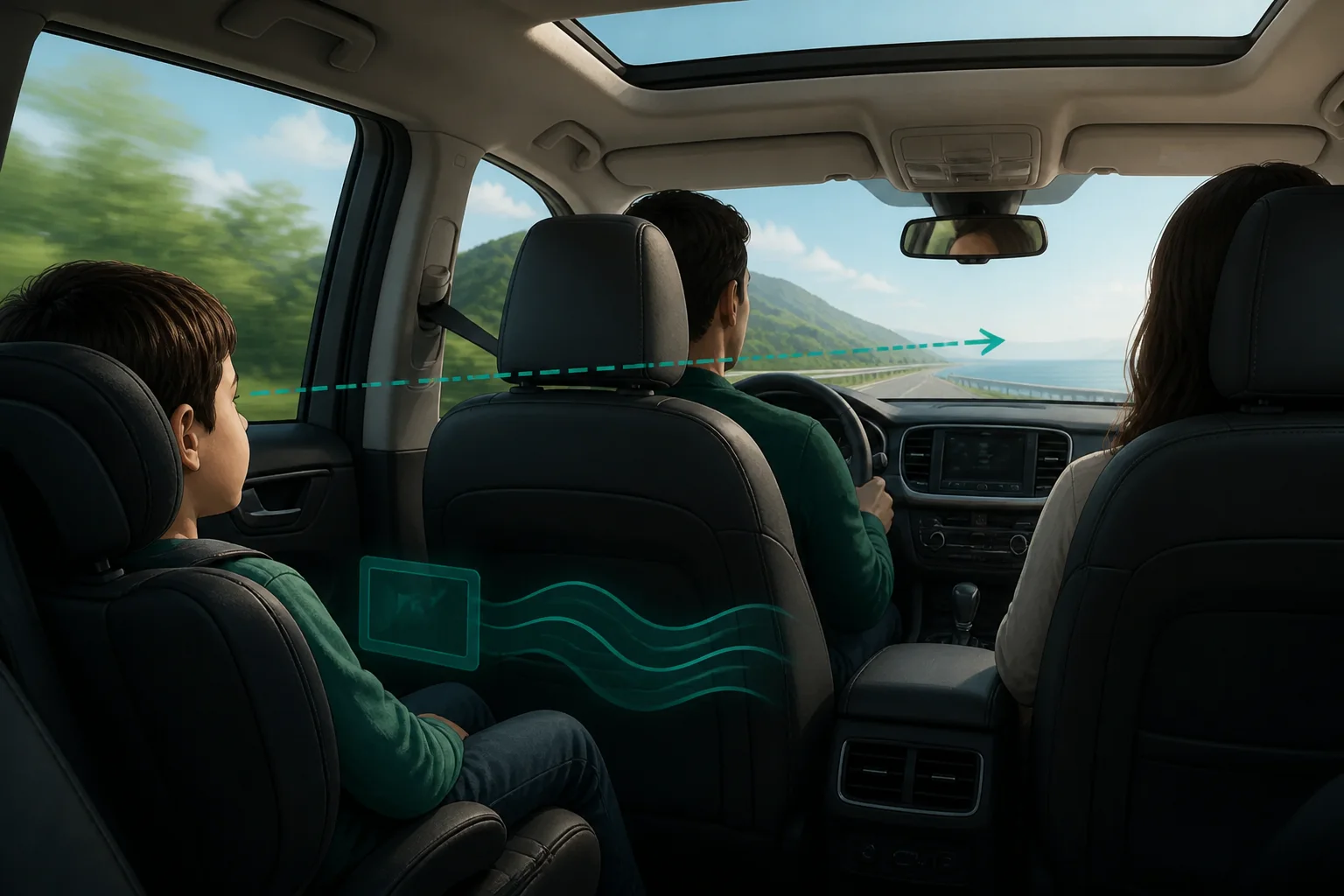 Young child safely secured in the back seat looking forward while a parent puts the screen away.