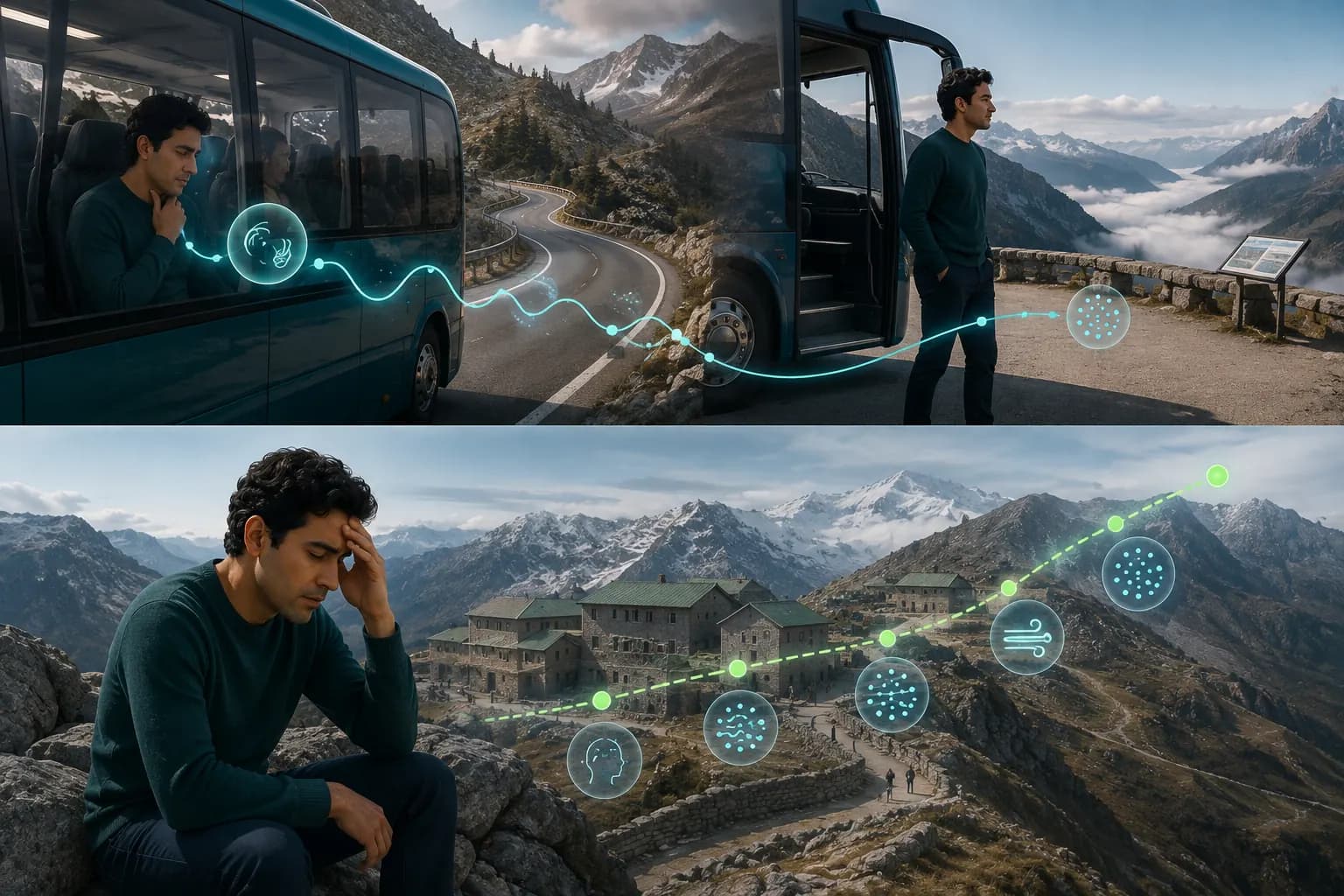 Mountain traveler comparing symptoms that track winding vehicle motion with symptoms that build after gaining altitude.