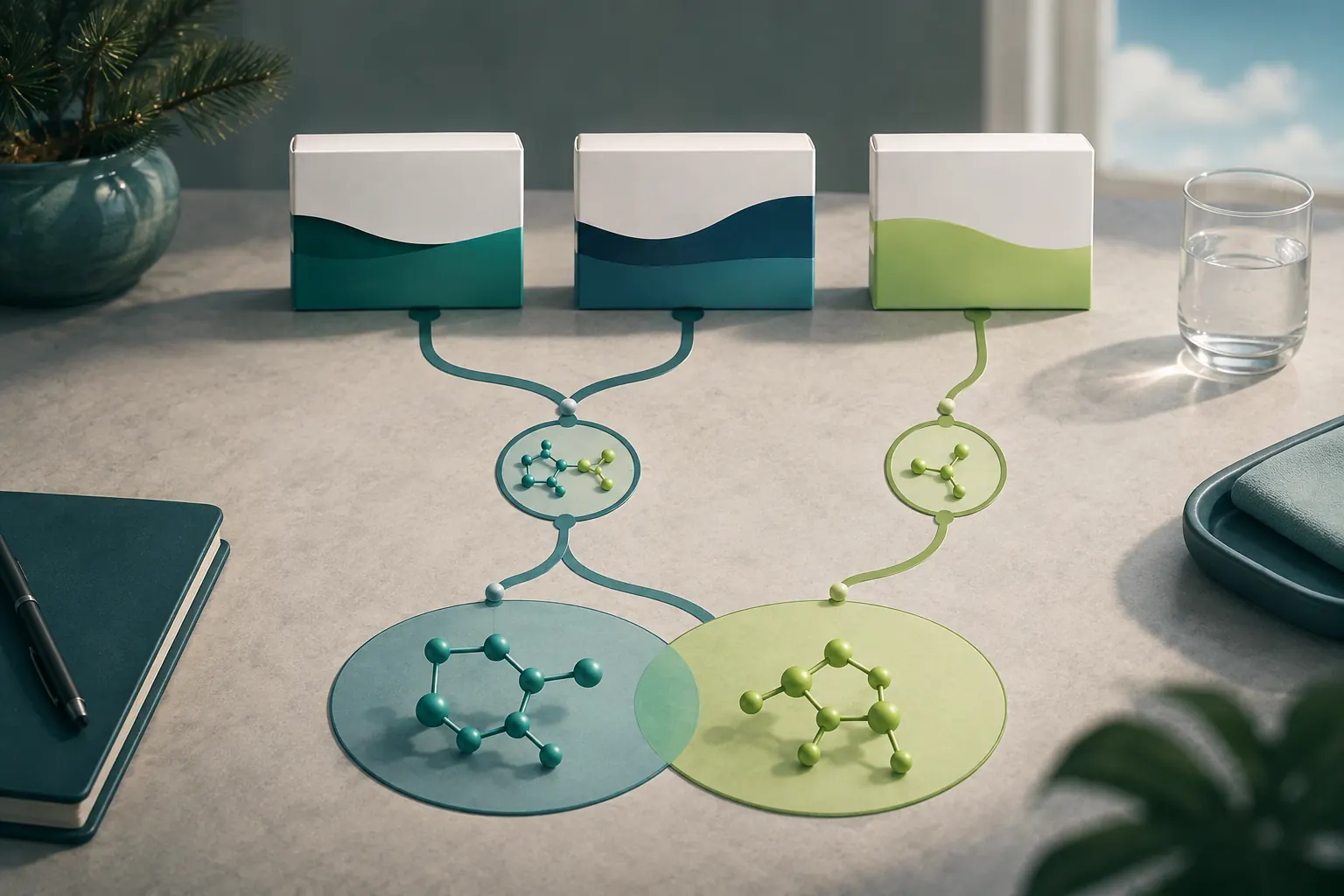 Three unlabelled antihistamine packages connected by branching ingredient shapes that show their family relationship.
