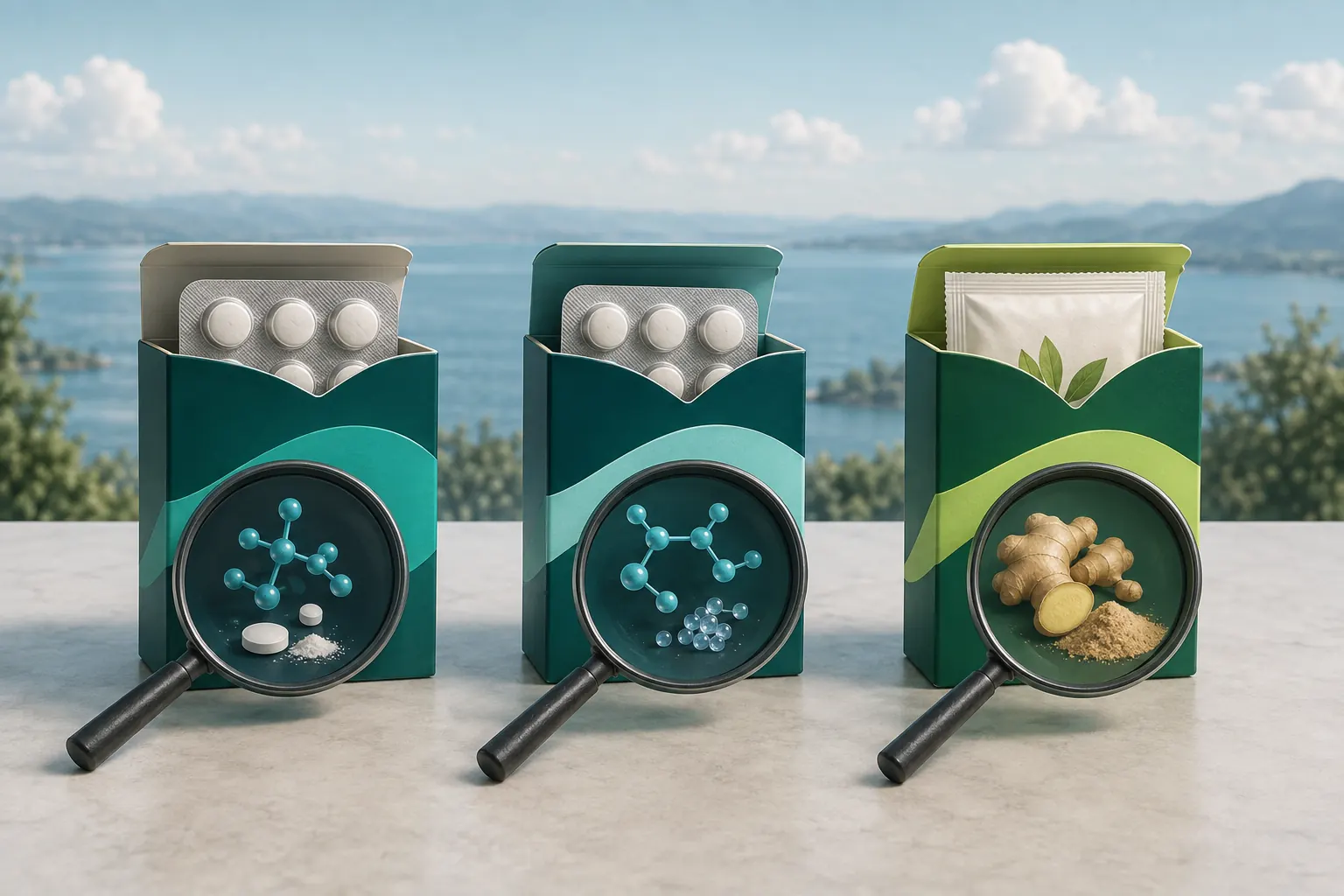 Similar-looking unlabelled medicine packages revealing three different ingredient families inside.