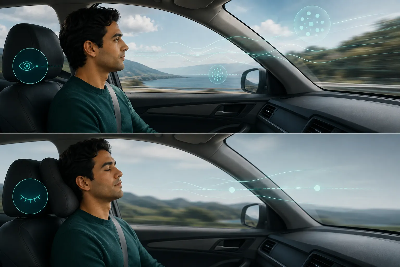 Belted passenger comparing a clear forward horizon view with resting safely with eyes closed and head supported.