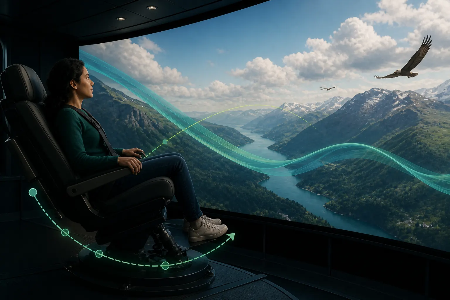 Flying-theater guest experiencing overlapping seat movement and a large curved-screen flight scene.