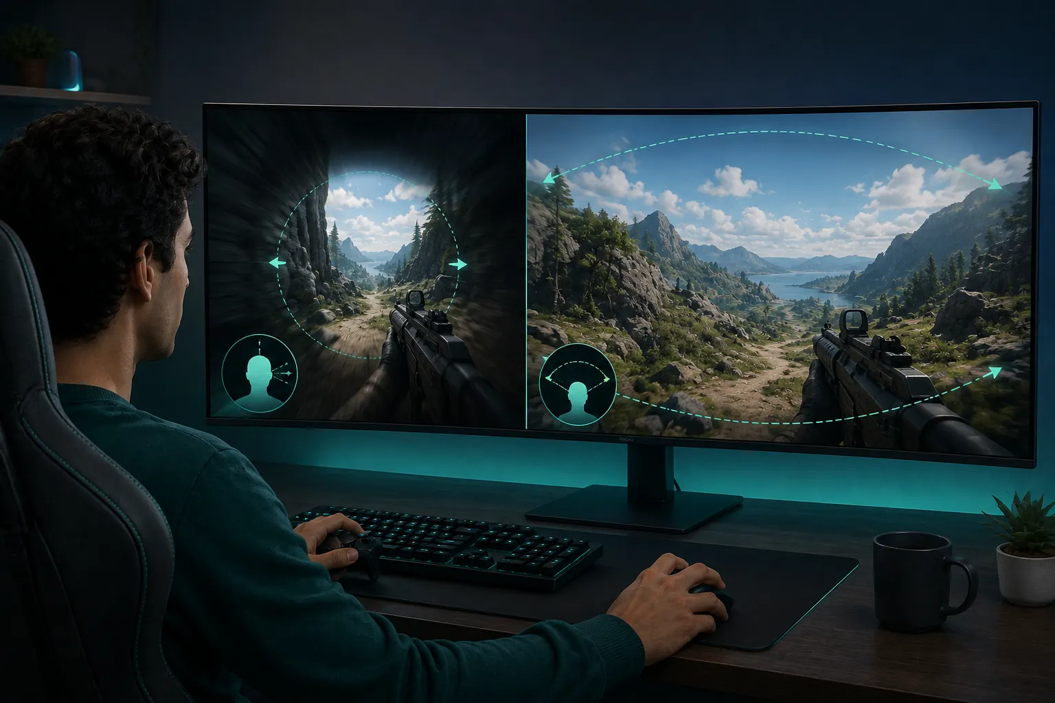 Gamer comparing a cramped first-person field of view with a wider scene that provides more stable visual context.