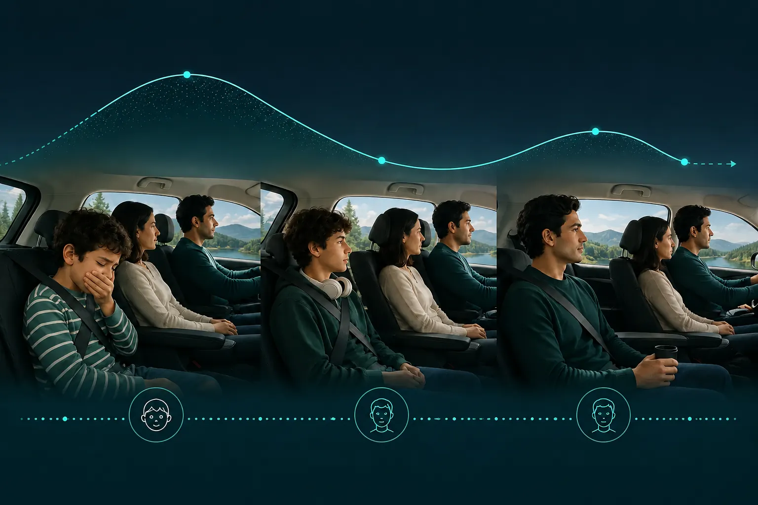 Family life-stage sequence showing motion sickness strongest in childhood and more variable in adolescence and adulthood.