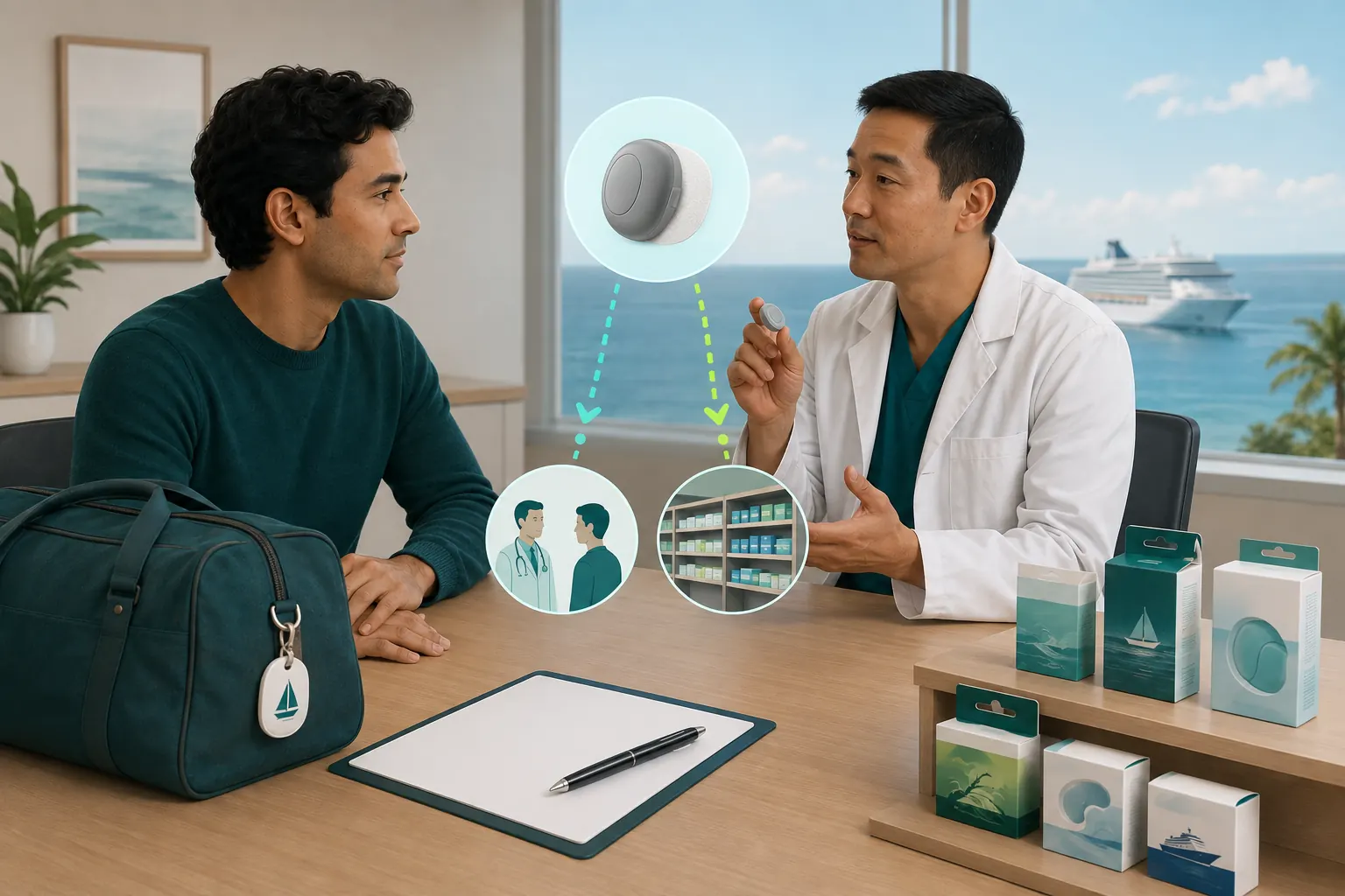 Clinician discussing an unbranded behind-the-ear patch case with a traveler before a cruise.