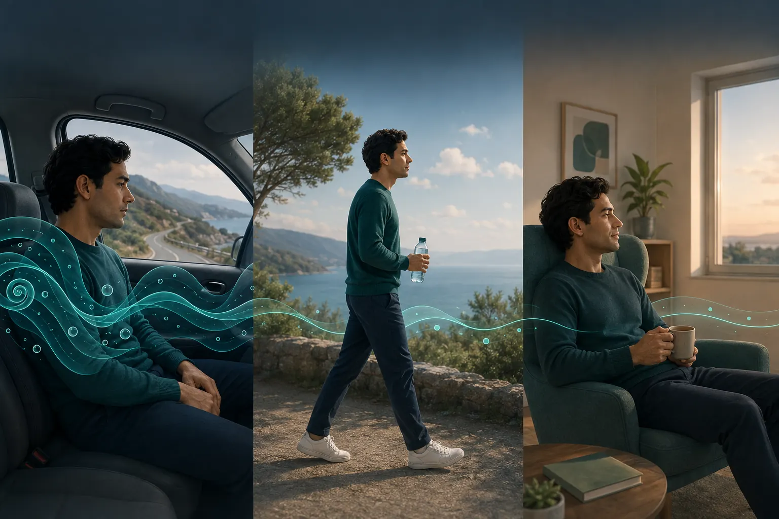 Traveler shown resting, walking outside and settling at home as motion sickness gradually eases after a car ride.