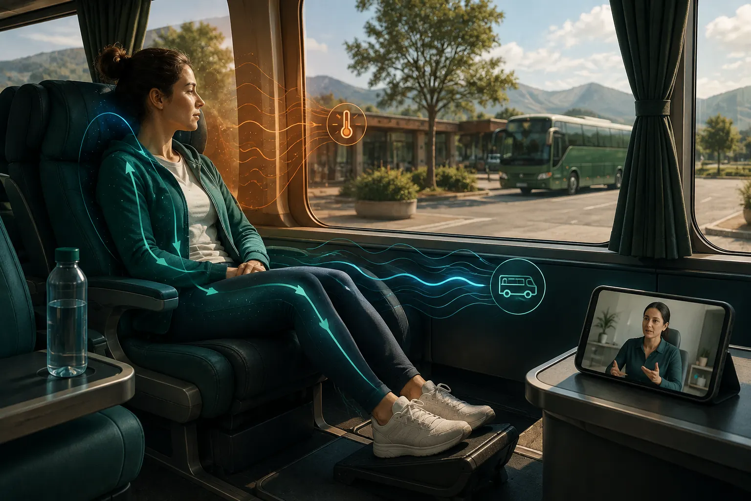Coach passenger experiencing overlapping heat, upright posture and vehicle-motion cues while preparing with specialist guidance.