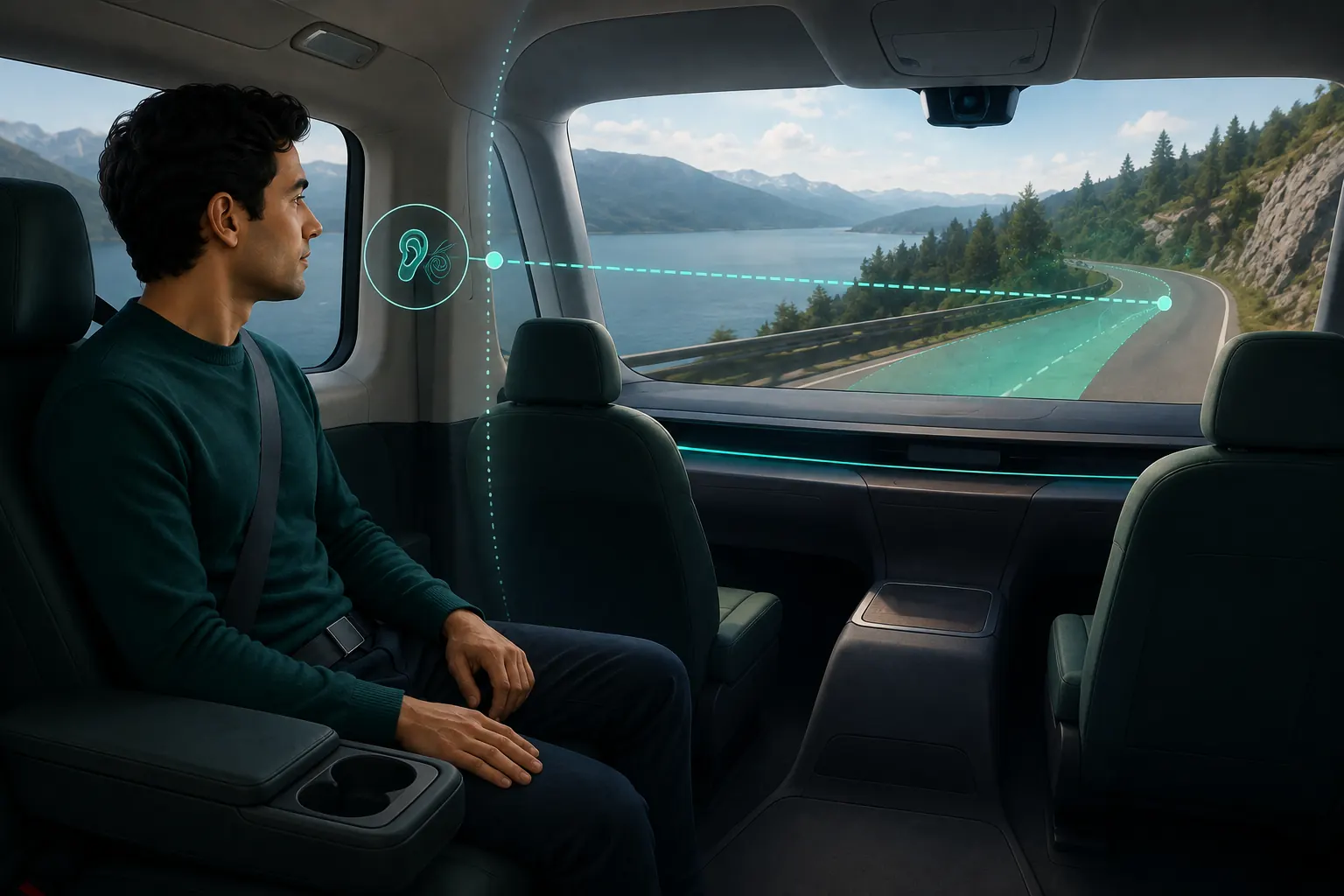 Robotaxi passenger approaching a road curve without the body-language cues normally provided by a human driver.