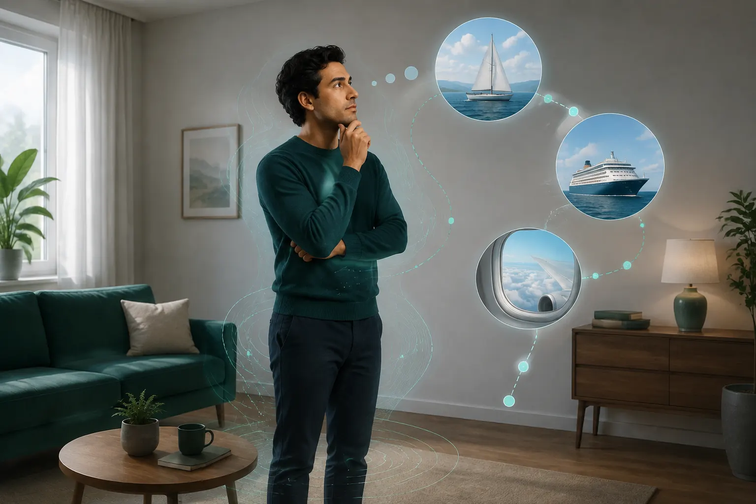 Person in a still room considering recent boat and long-trip history while a faint sway contour surrounds them.
