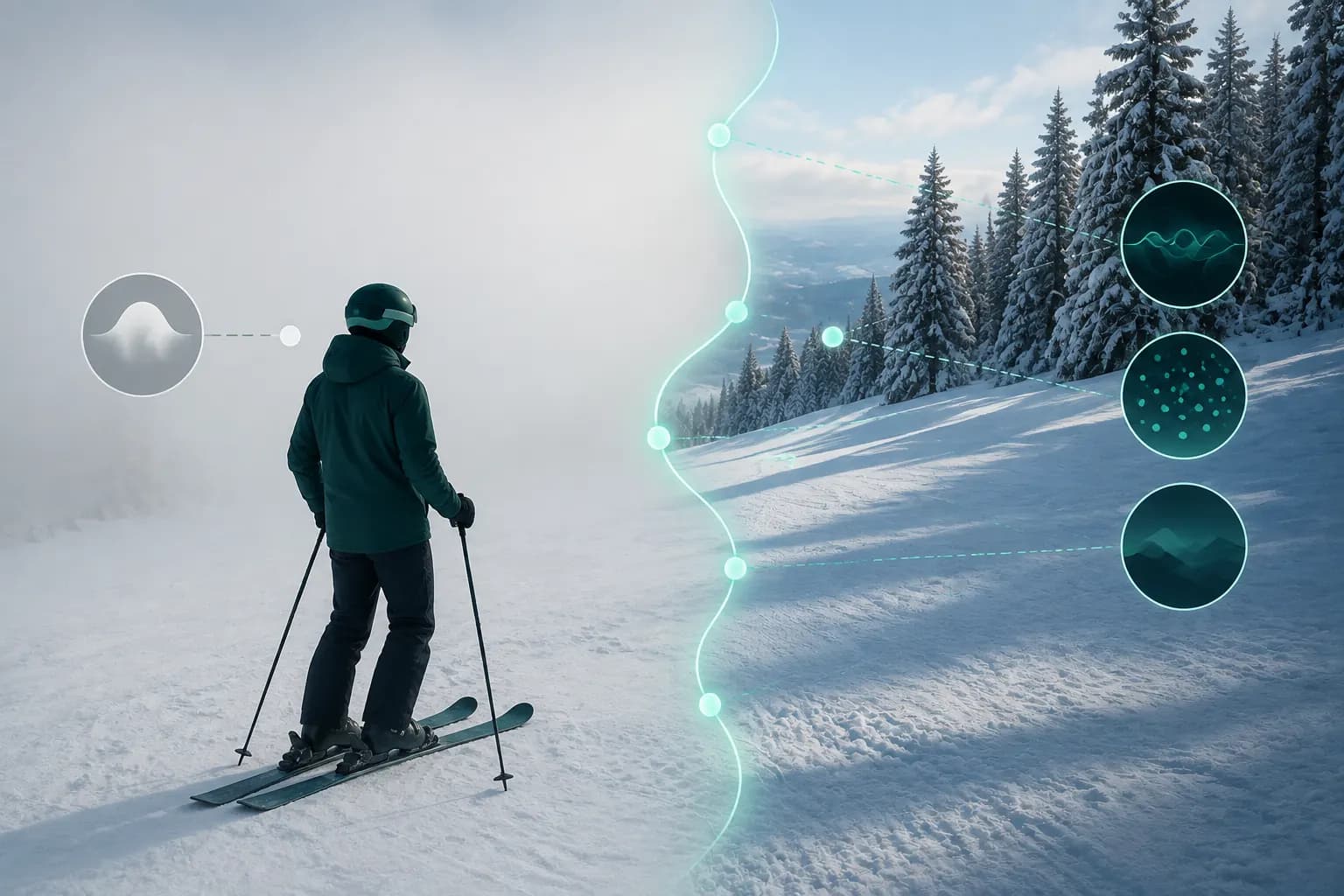 Skier on a foggy low-contrast slope where the horizon disappears, beside a clearer area with visible terrain cues.