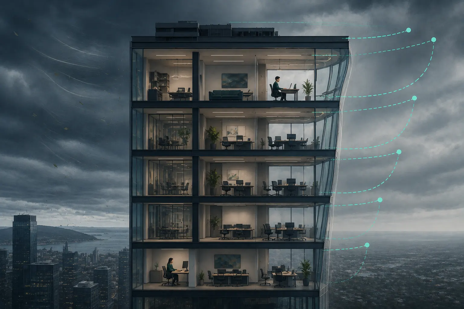 Tall office building cutaway showing slightly greater wind-driven sway on upper floors than lower floors.