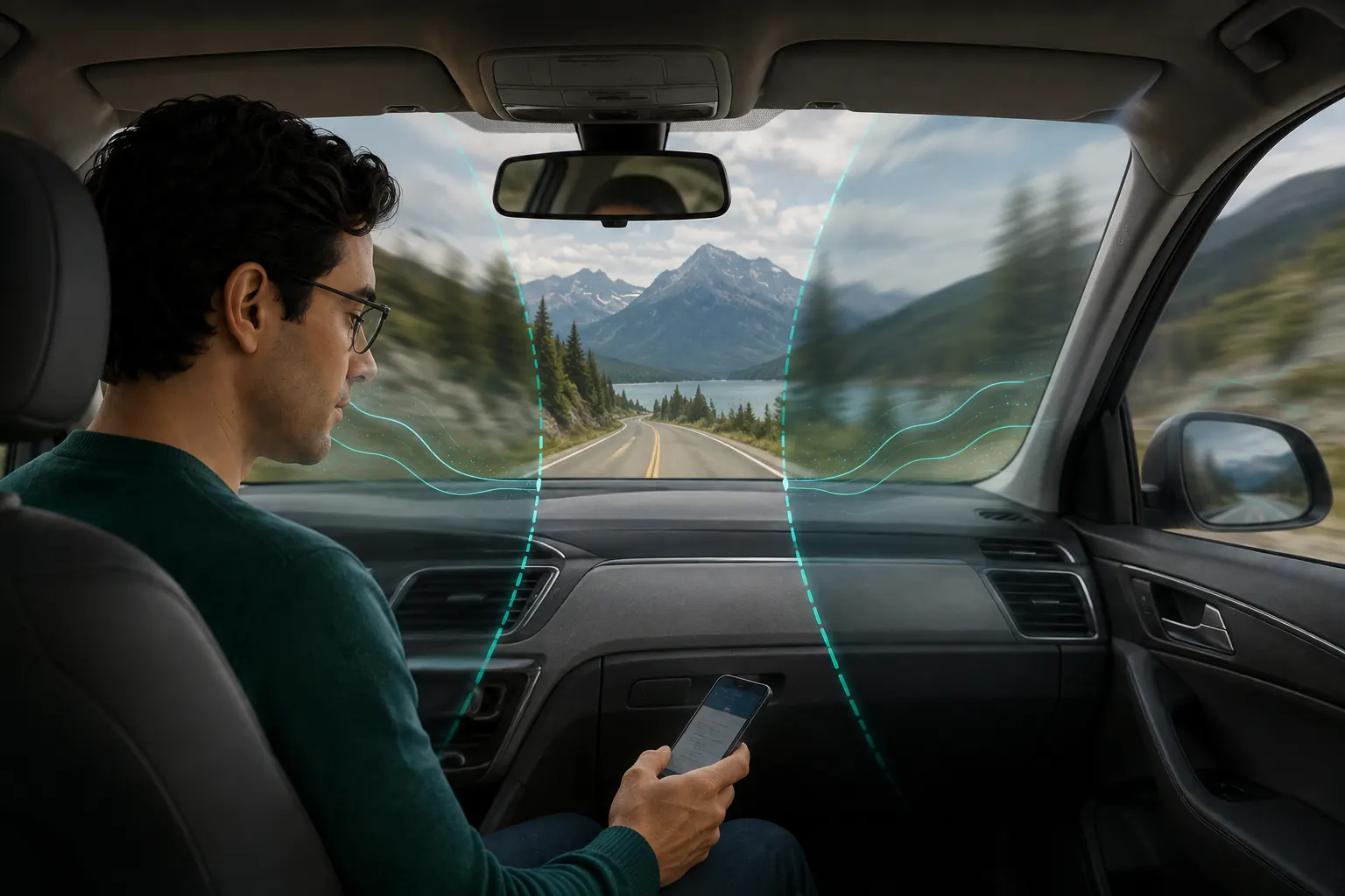 Passenger wearing progressive lenses with a clear central road view and gently distorted peripheral motion.