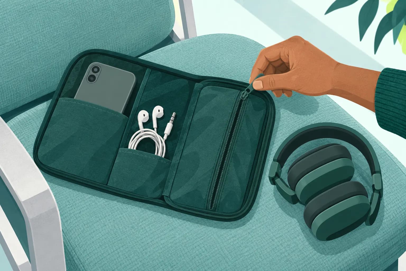 An open travel pouch holding a plain phone and wired earbuds, with folded headphones beside it.