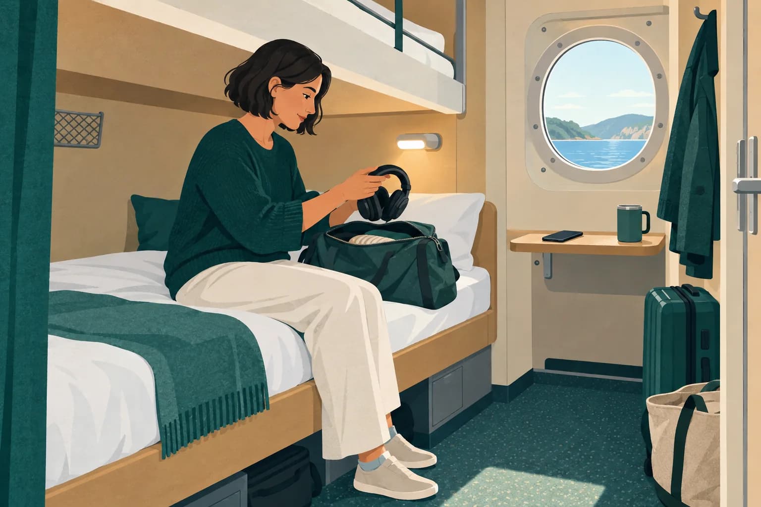 Adult unpacking headphones beside a plain phone in a simple ferry cabin.