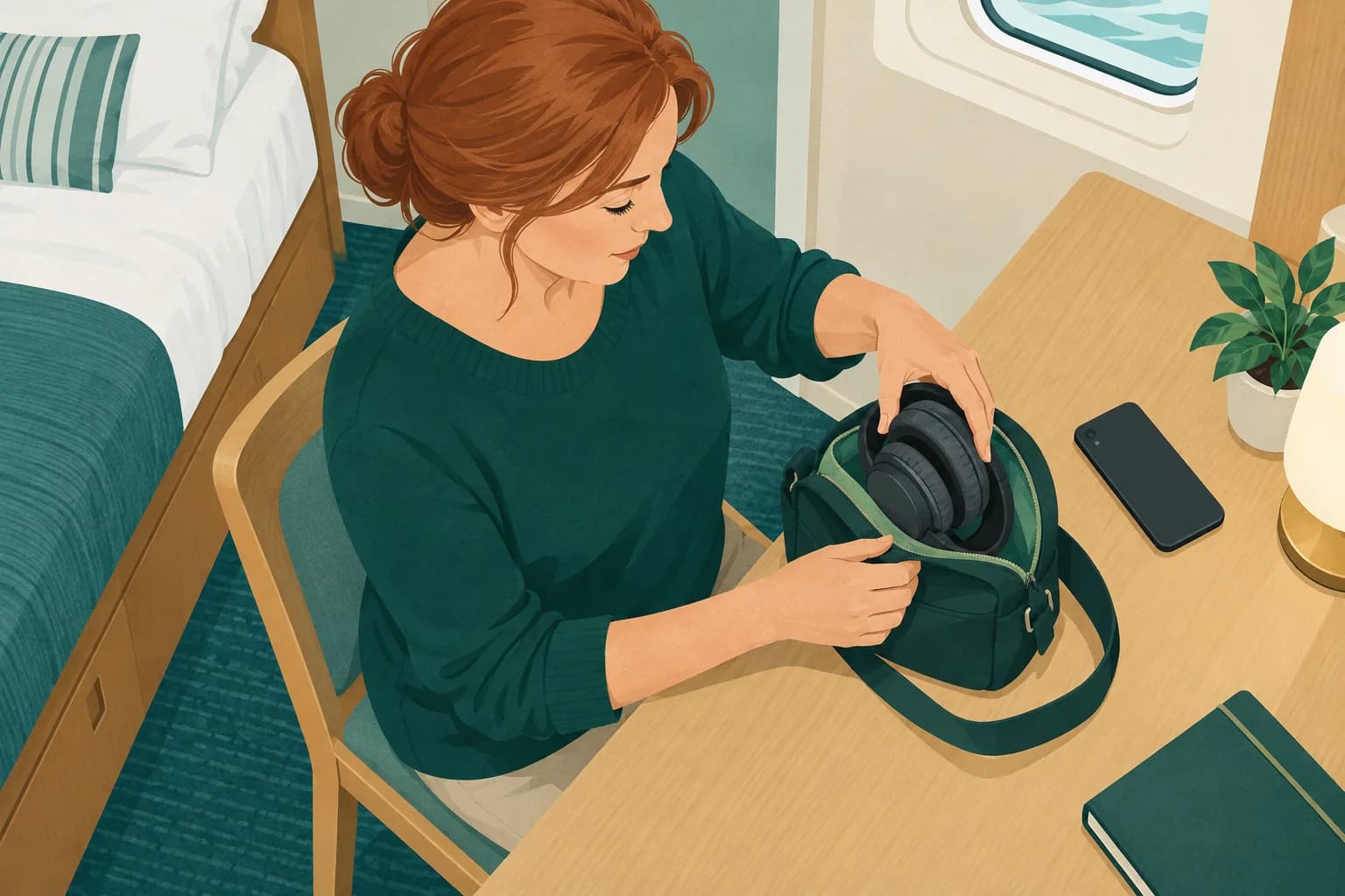 Adult putting headphones into a crossbody bag beside a phone in a cabin.