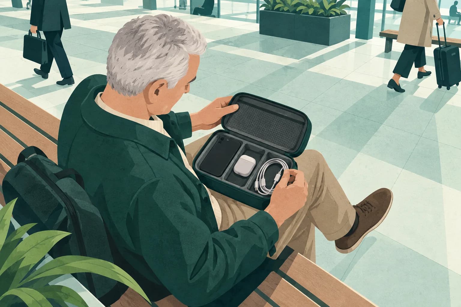Adult checking a phone, earbuds and a coiled charging cable in a small travel kit.