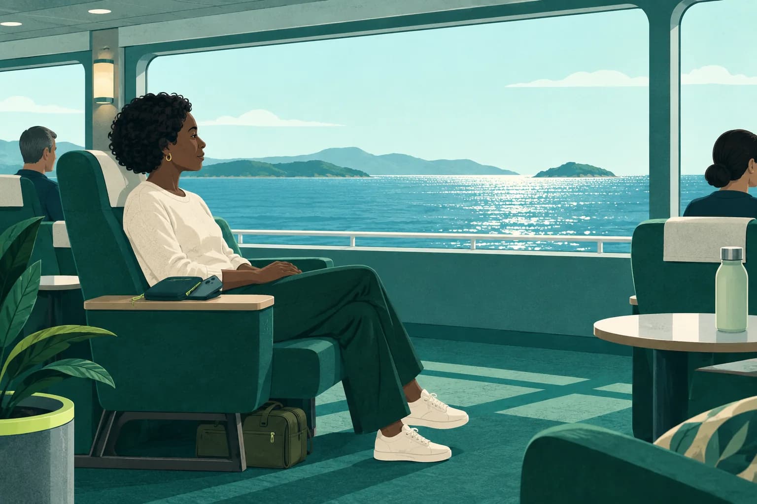 Adult seated at a wide ship window with a phone and headphones beside a stowed bag.