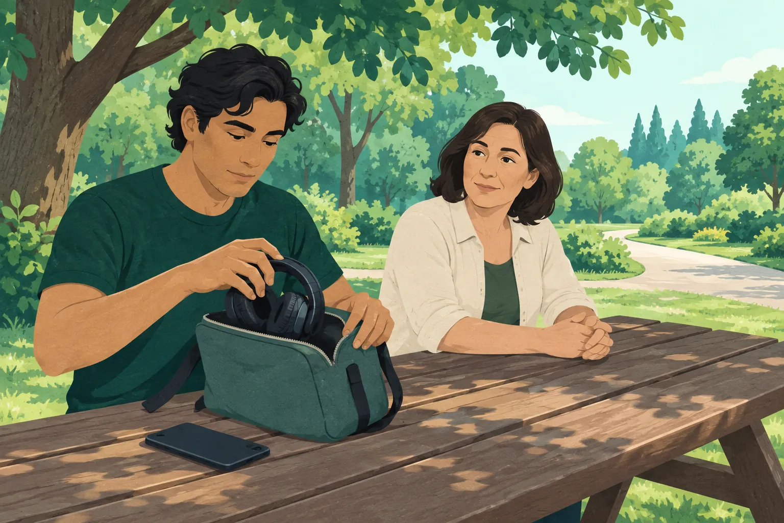 Two adults at a quiet picnic table, one packing a plain phone and headphones.