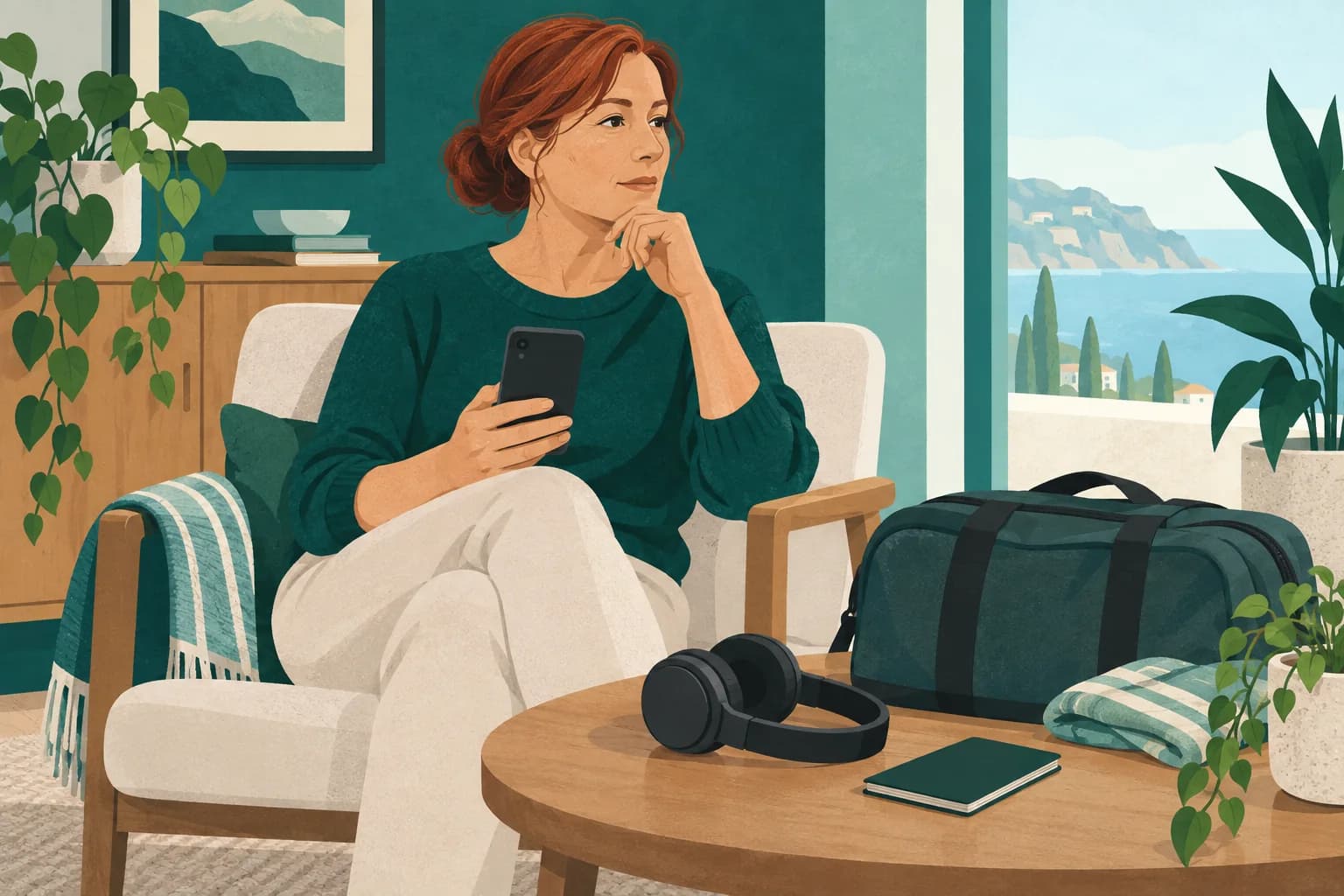 Adult seated in a quiet lounge with a phone, ordinary headphones and a small travel bag.