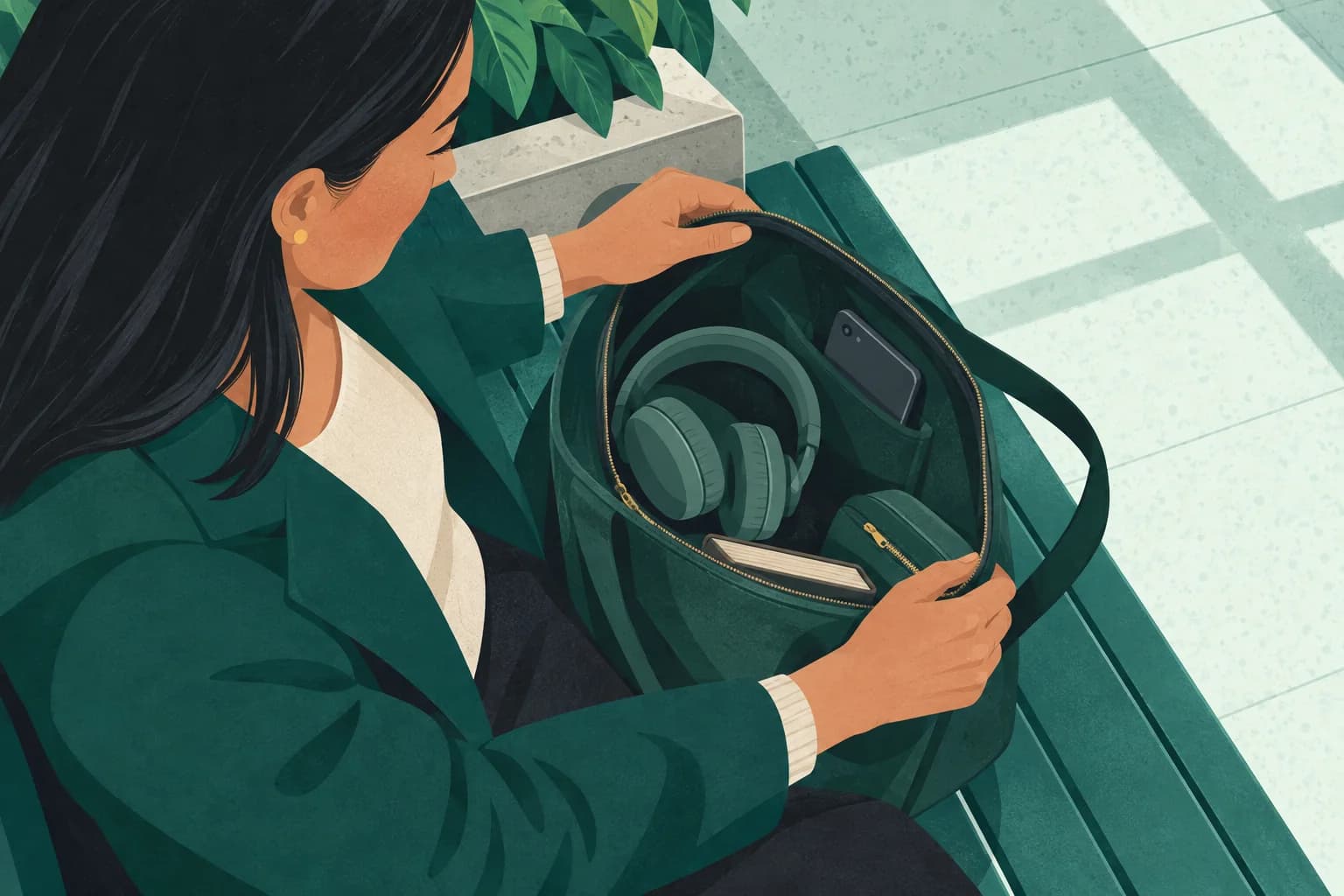 A plain smartphone and folded headphones in a commuter bag on a station bench.