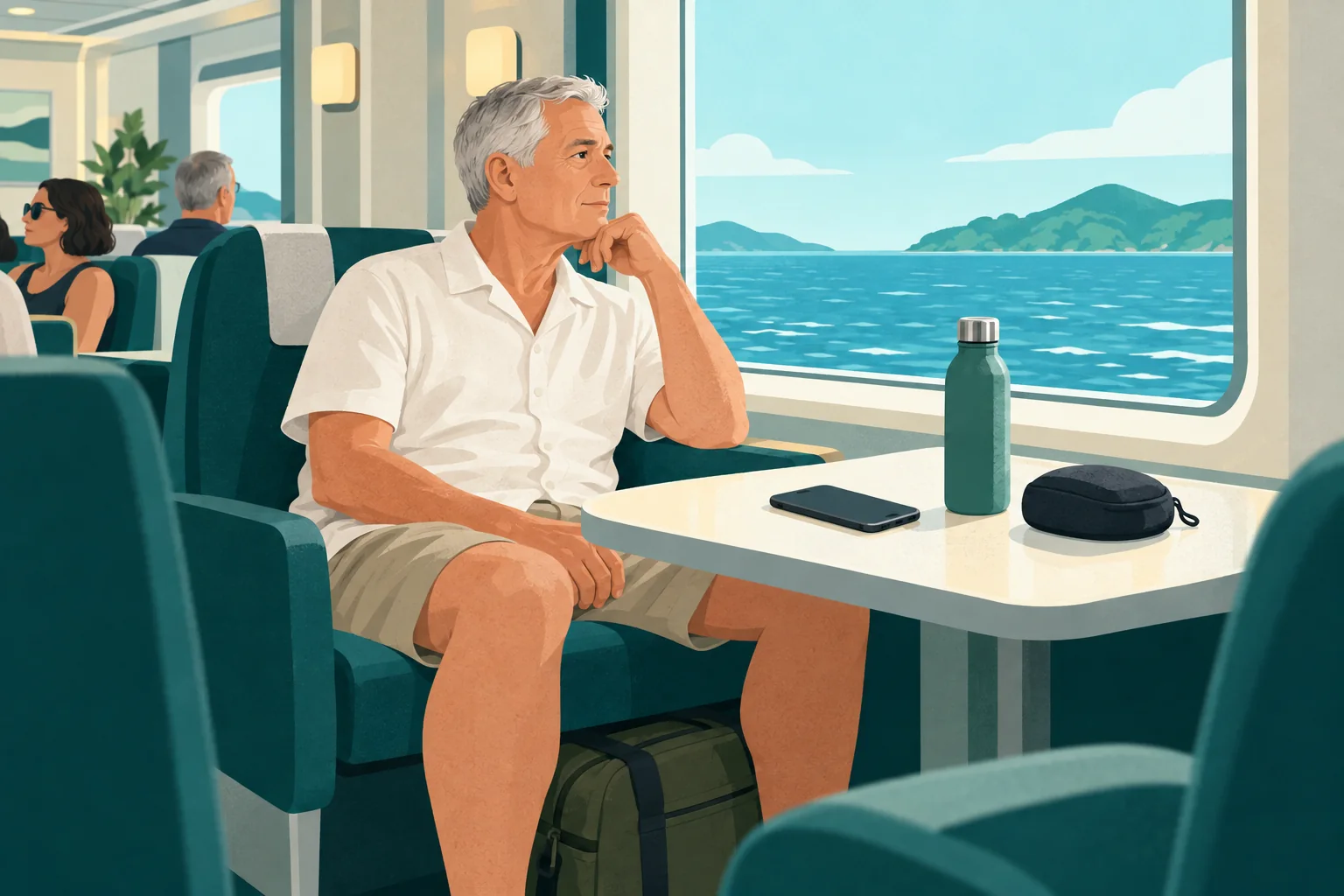 Adult in a ferry lounge with a stowed light bag, water bottle and headphone pouch.