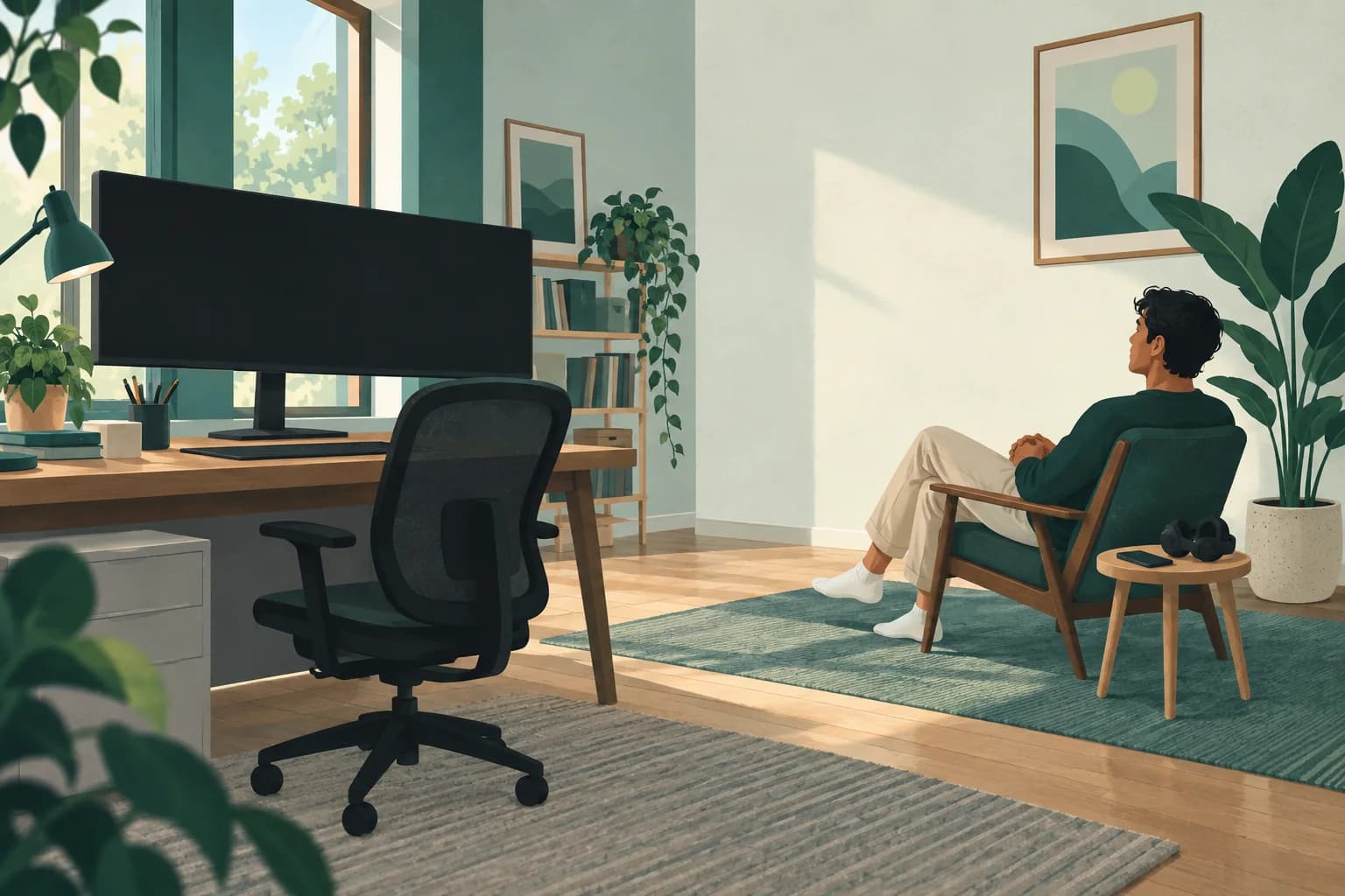 Adult in a side chair away from a blank ultrawide monitor, with a phone and headphones nearby.
