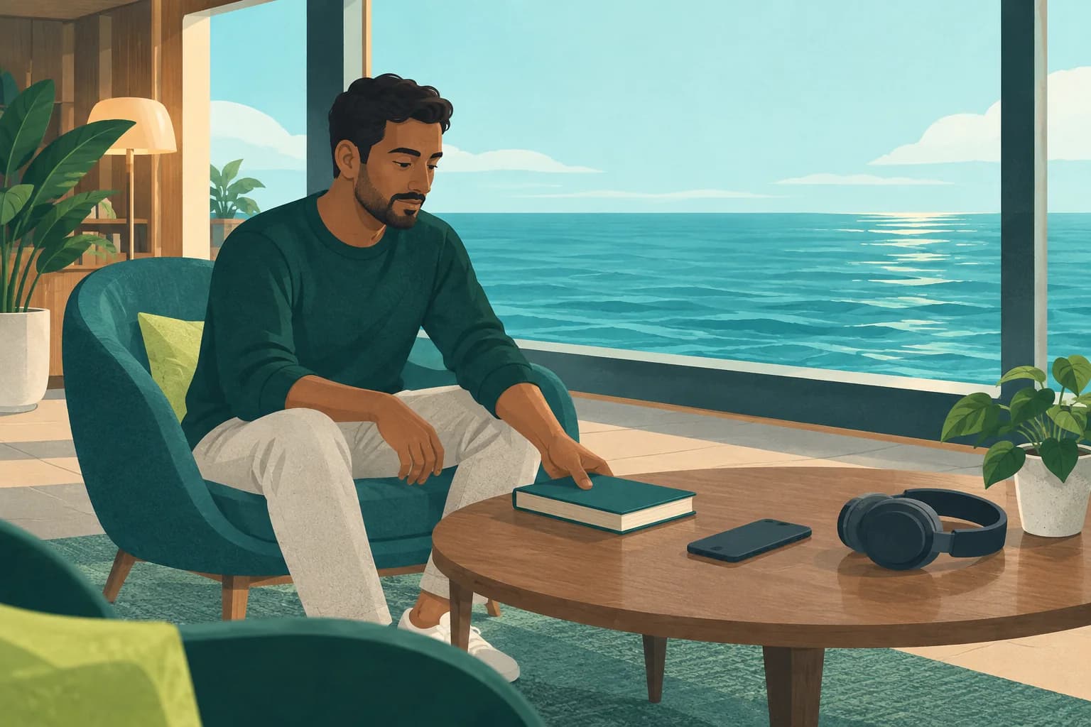 Adult in an indoor ocean-view lounge with a closed book, phone and headphones nearby.