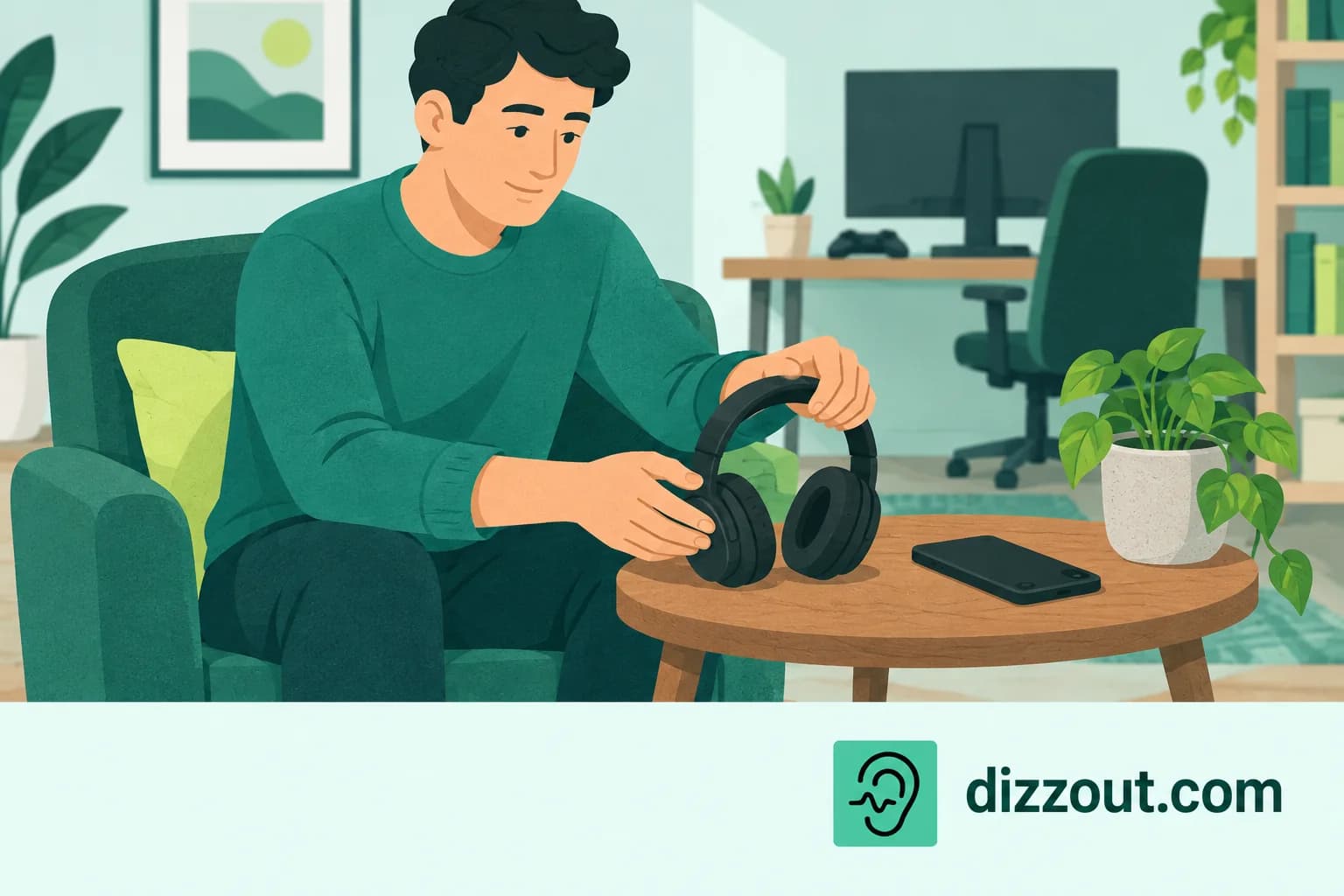 Adult prepares ordinary headphones beside a face-down phone at a side table away from the gaming desk.