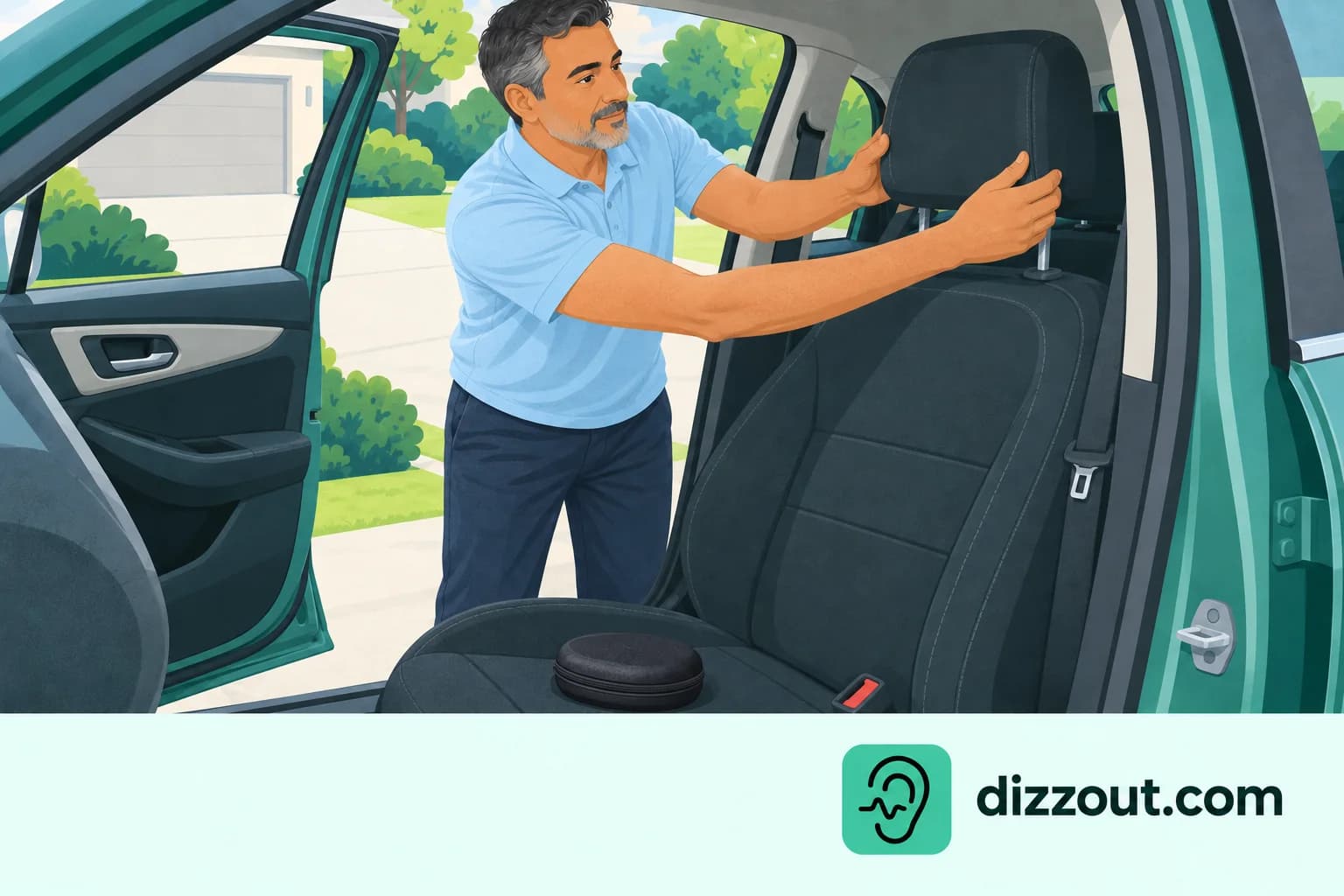 Adult outside an open parked passenger door adjusts the empty seat's headrest, with a headphone case on the seat.