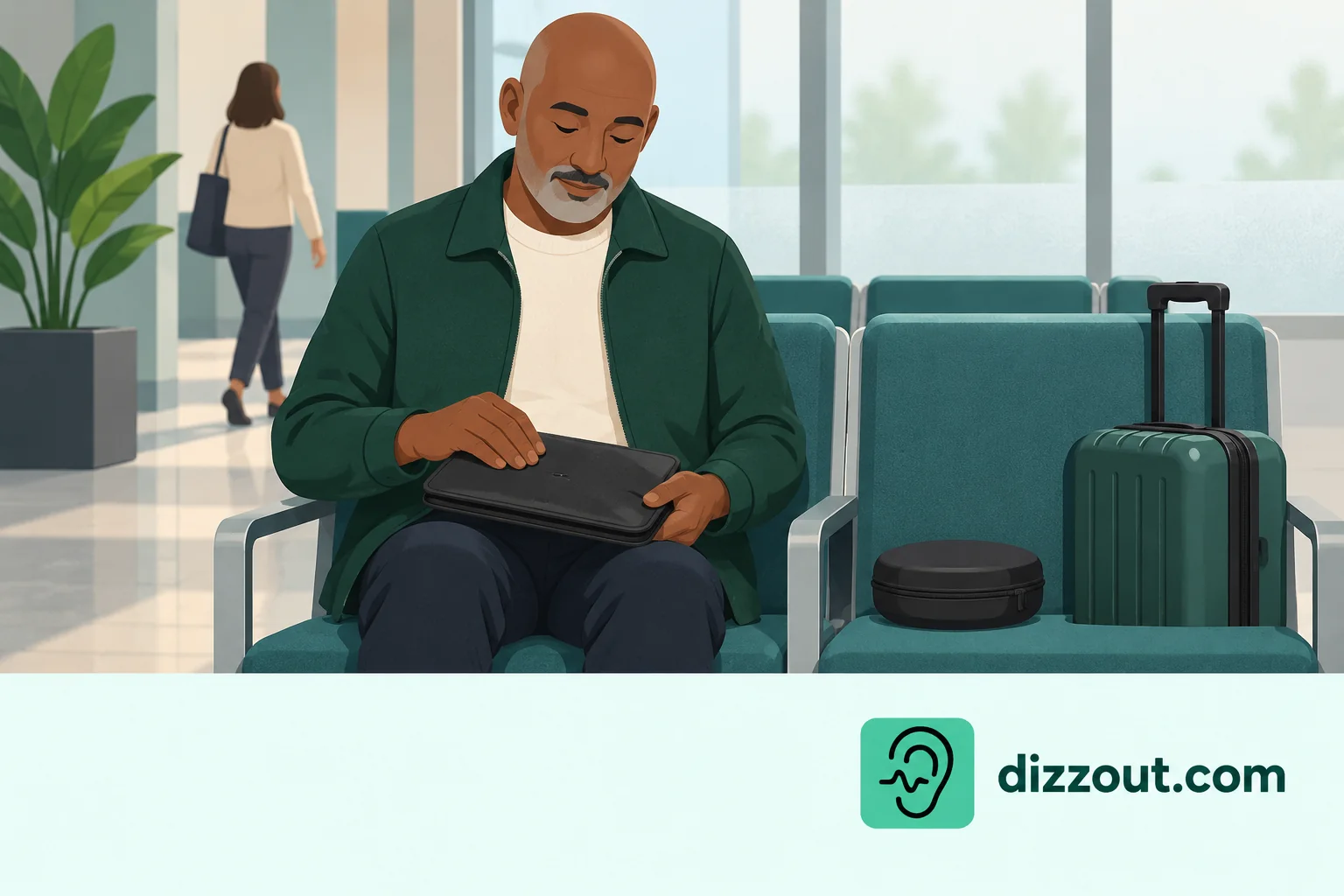 Seated terminal traveler closes a document wallet while a headphone case waits beside them.