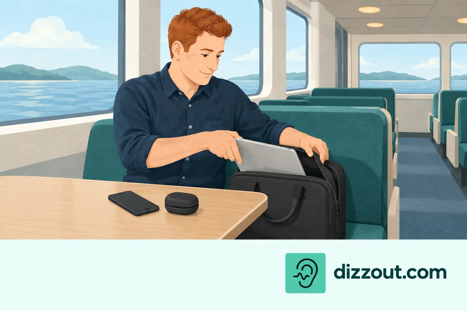 Ferry passenger slides a closed laptop into a briefcase while a small headphone case remains on the table.