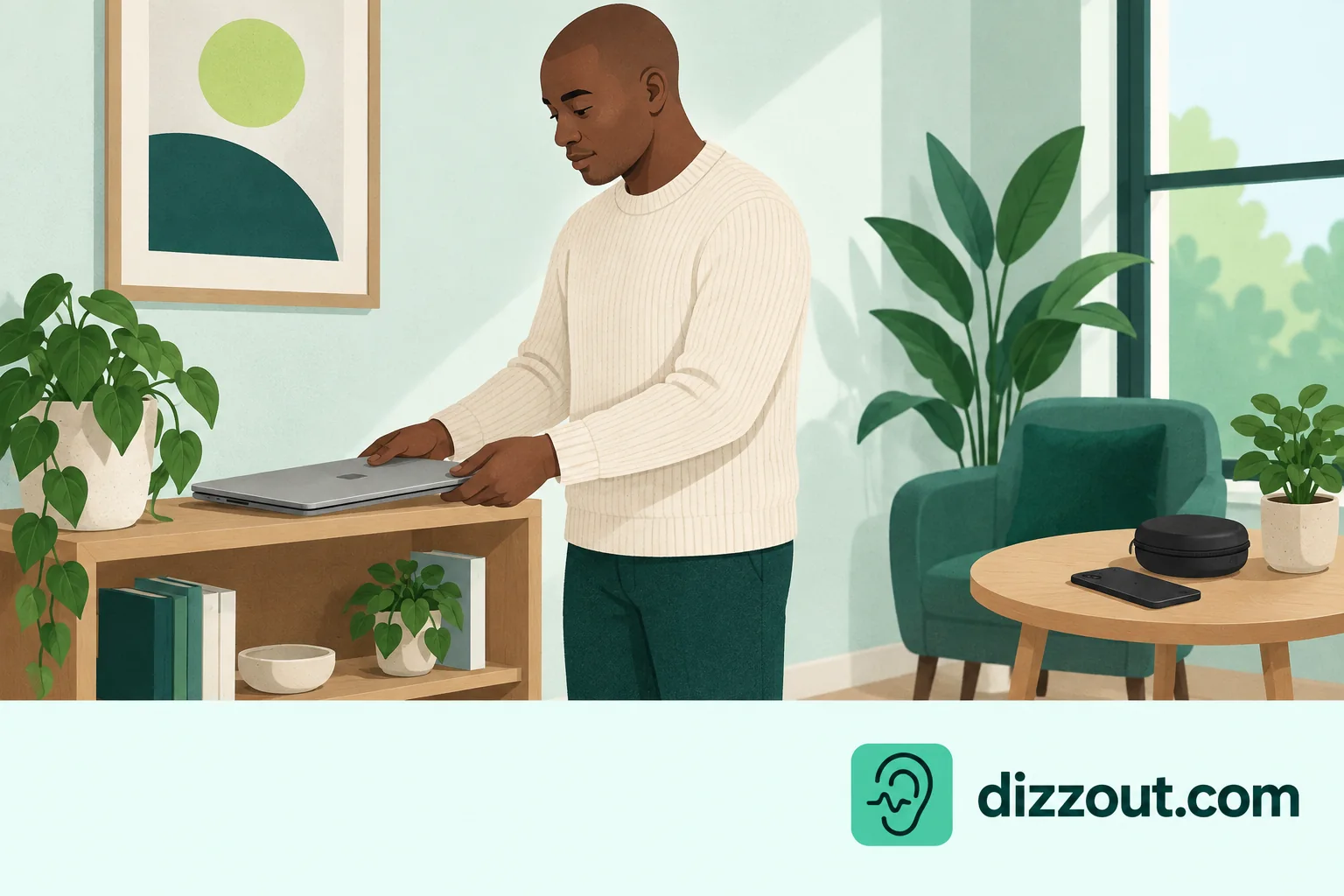 Adult places a closed laptop on a shelf, separate from a table with phone and headphone case.