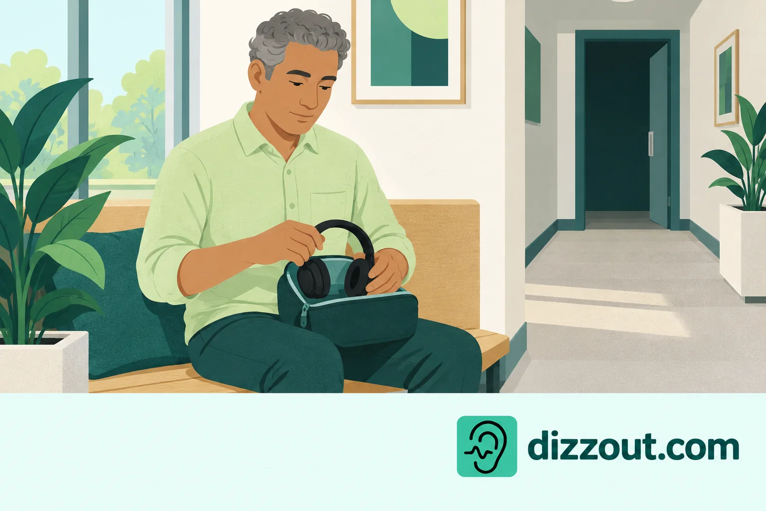 Adult sits in a bright alcove with unworn headphones in a lap-held pouch.