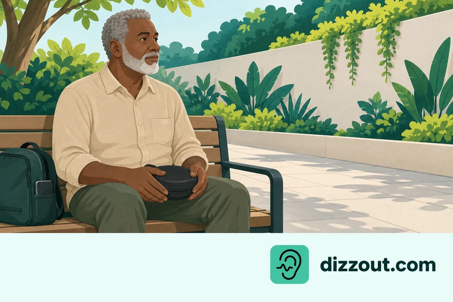 Adult sits on a courtyard bench facing a still planted wall, with a closed headphone case on their lap.