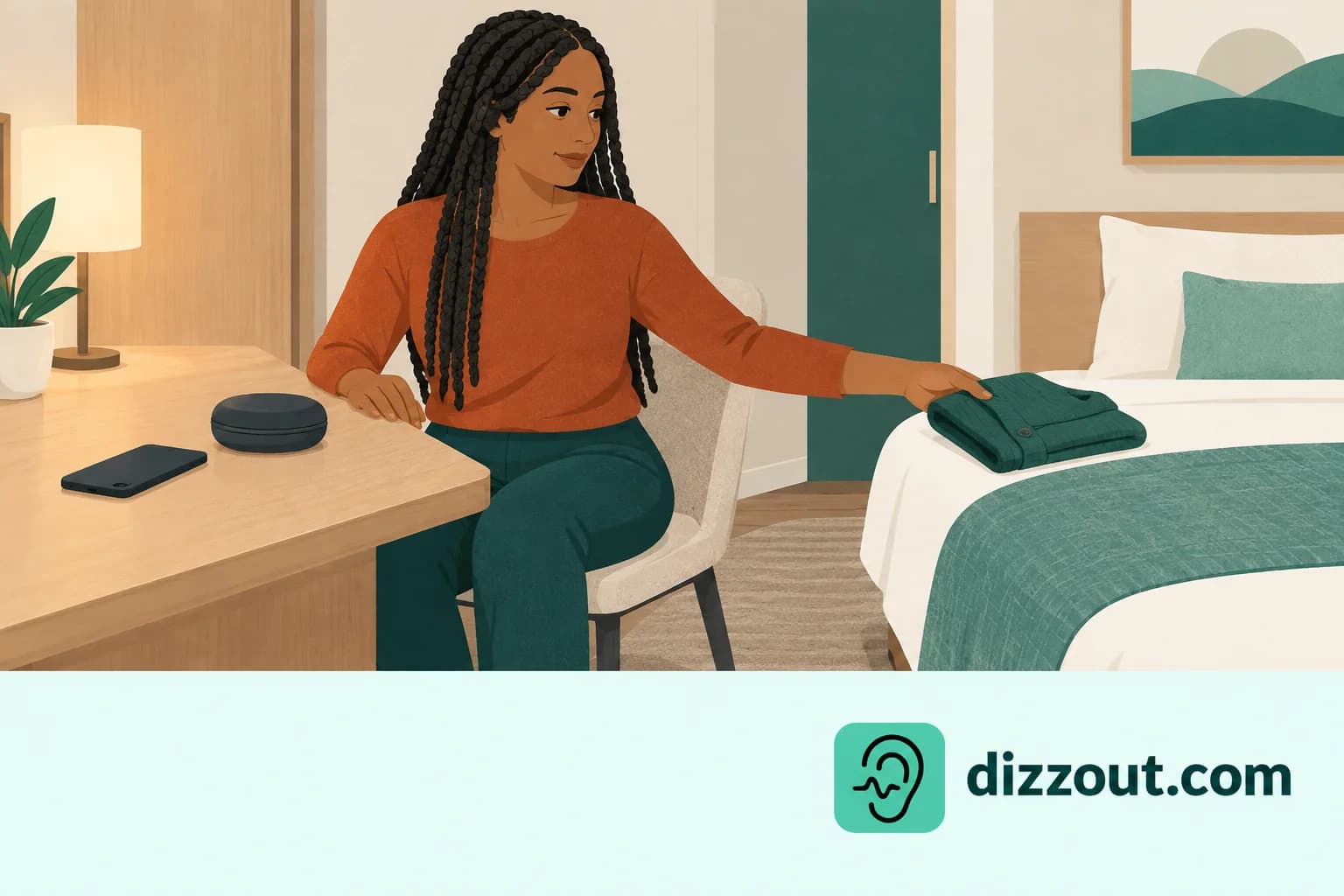 Seated cabin traveler moves a folded cardigan onto the bed, leaving a clear desk for phone and headphone case.